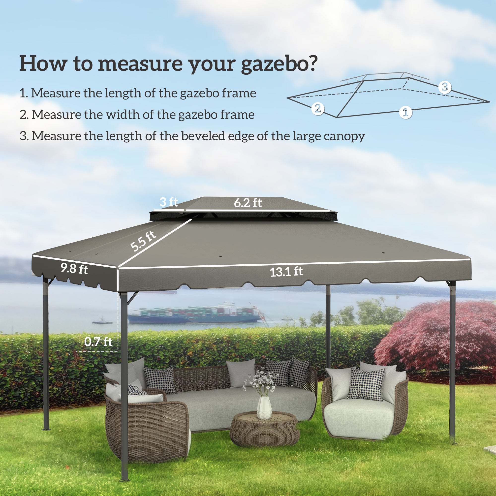 Model 84C-101 or 84C-144 13' x 10' Gazebo Replacement Canopy, Gazebo Top with Double Vented Roof (TOP ONLY), Gray