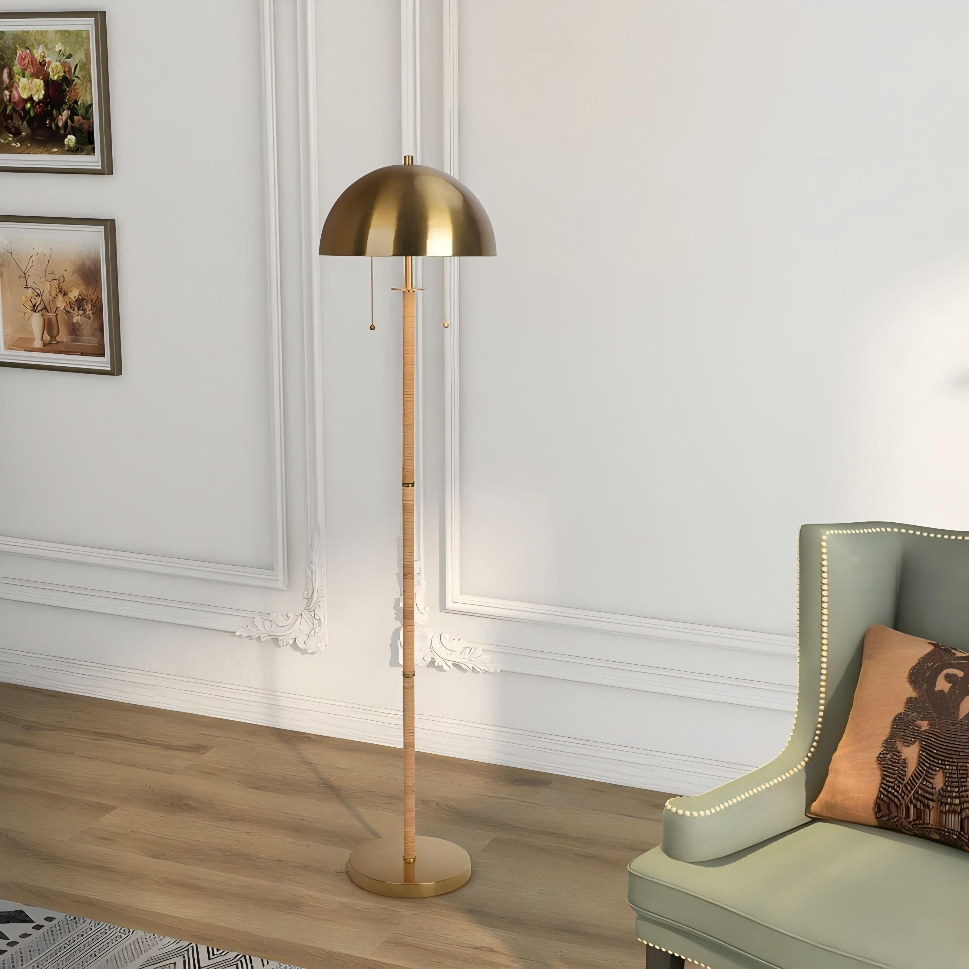 Allure 2-Light Floor Lamp with Double On/Off Pull Chain, Elegant Gold Brass and Natural Rattan Tube, 14" L x 14" W x 57.5" H, Gold