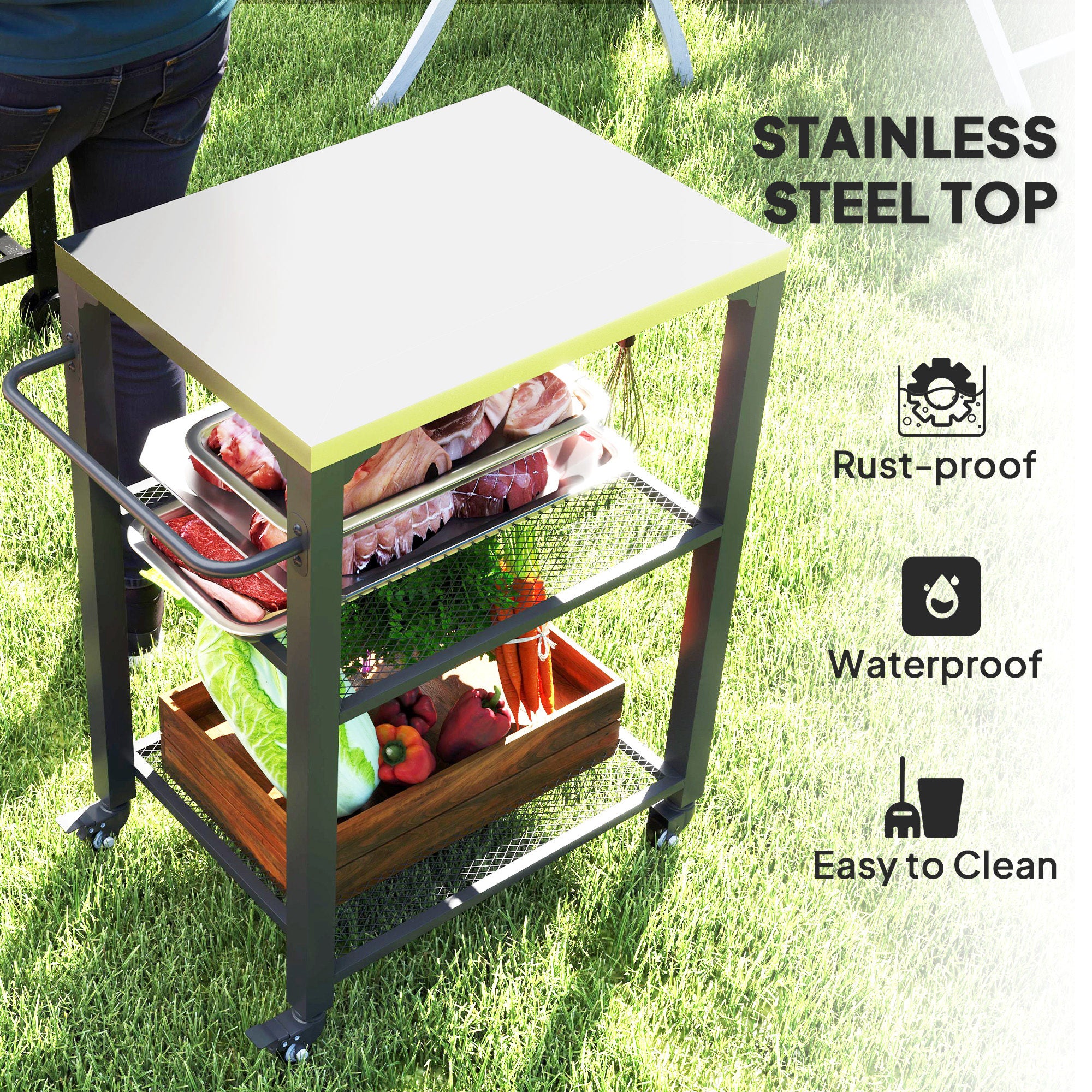 3-Shelf Outdoor Grill Cart with Stainless Steel Tabletop, Movable Pizza Oven Table with Hooks, Side Handle, Wheels