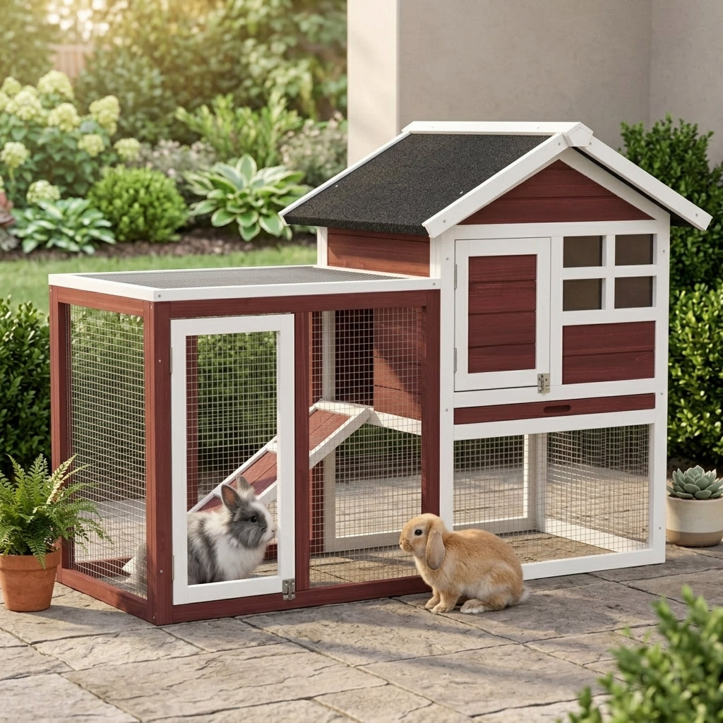 49" Wooden Rabbit Hutch Bunny Cage with Waterproof Asphalt Roof, Fun Outdoor Run, Removable Tray and Ramp, for Rabbits, Chickens, Ducks, Brown