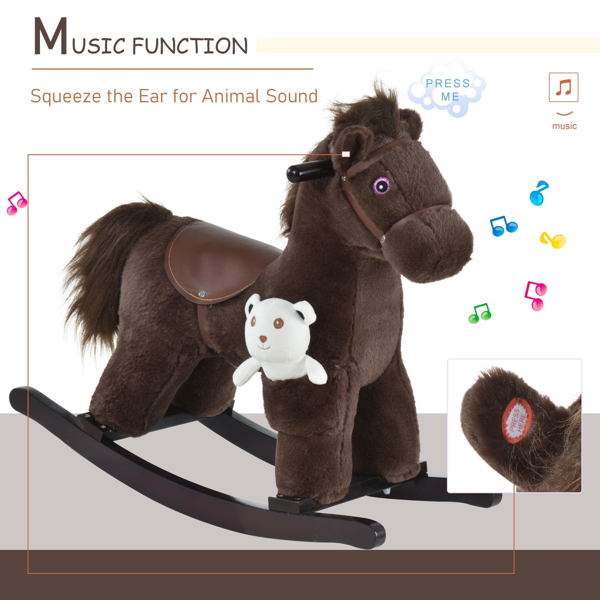 Kids Rocking Horse with Bear Toy, Plush Animal Rocker with Fun Realistic Sounds for Toddler 18-36 Months, Brown