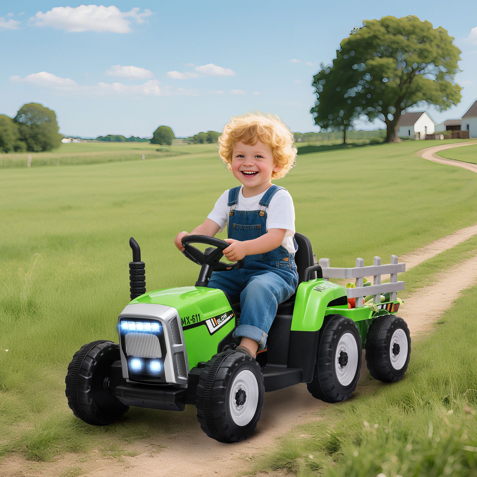 12V Ride on Tractor with Trailer, 25W Dual Motors, Battery Powered Electric Tractor with Remote Control, Music Startup Sound and Horn, LED Lights, Green