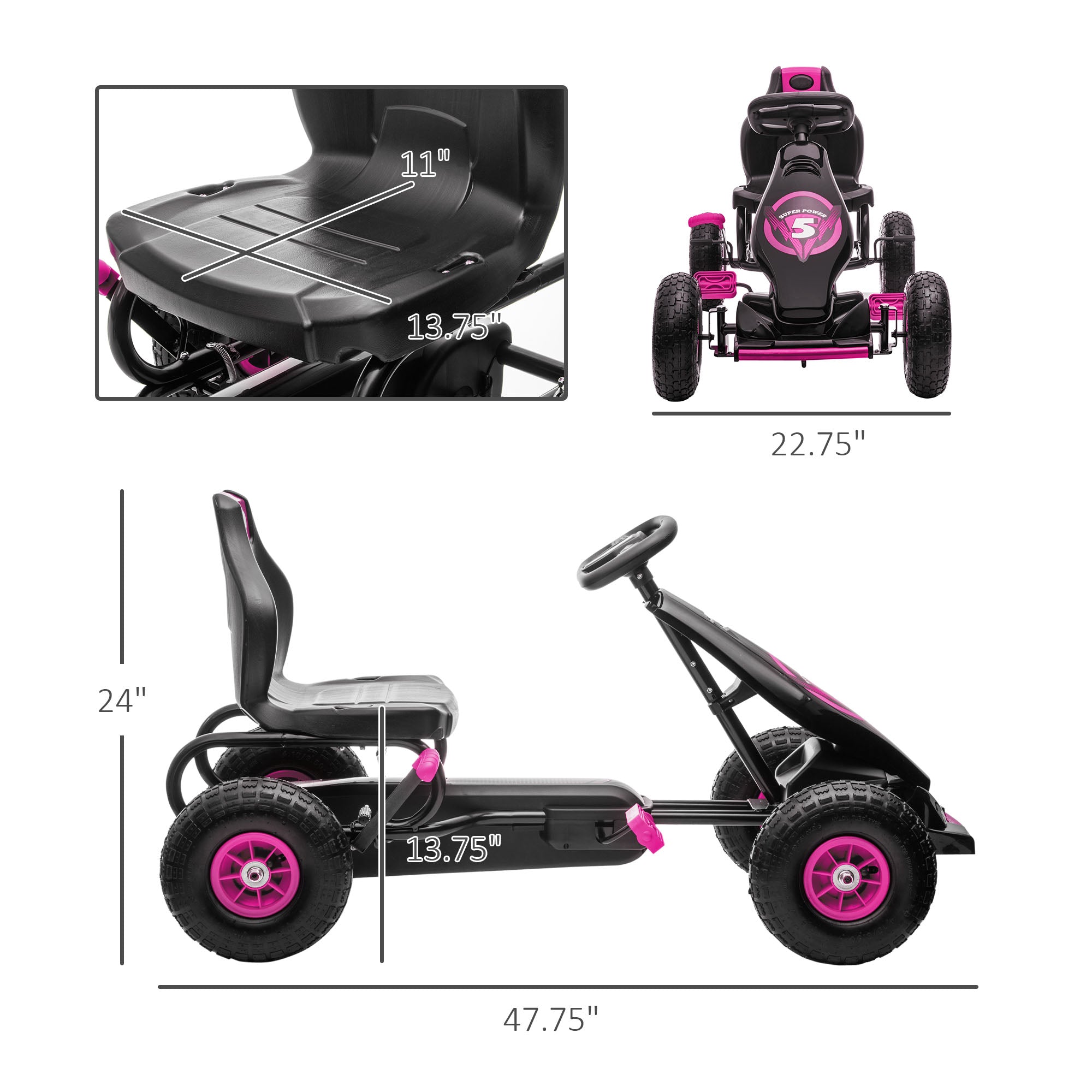 Ergonomic Pedal Go Kart Kids Ride-on Toy with Tough, Wear-Resistant Tread for Boys & Girls, Ages 5-12, Pink