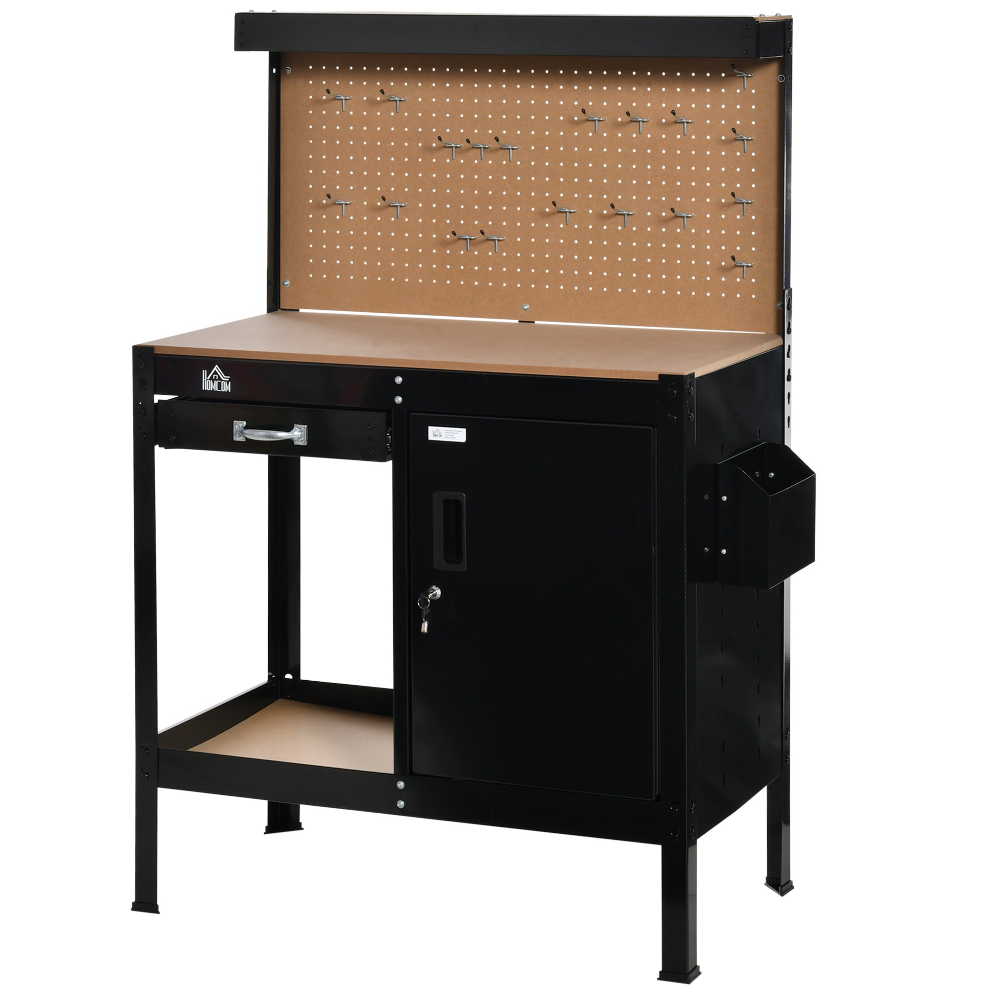 Multipurpose Workbench, Workshop Tool Table with Slide Drawer, Peg Board, Storage Cabinet with Keys