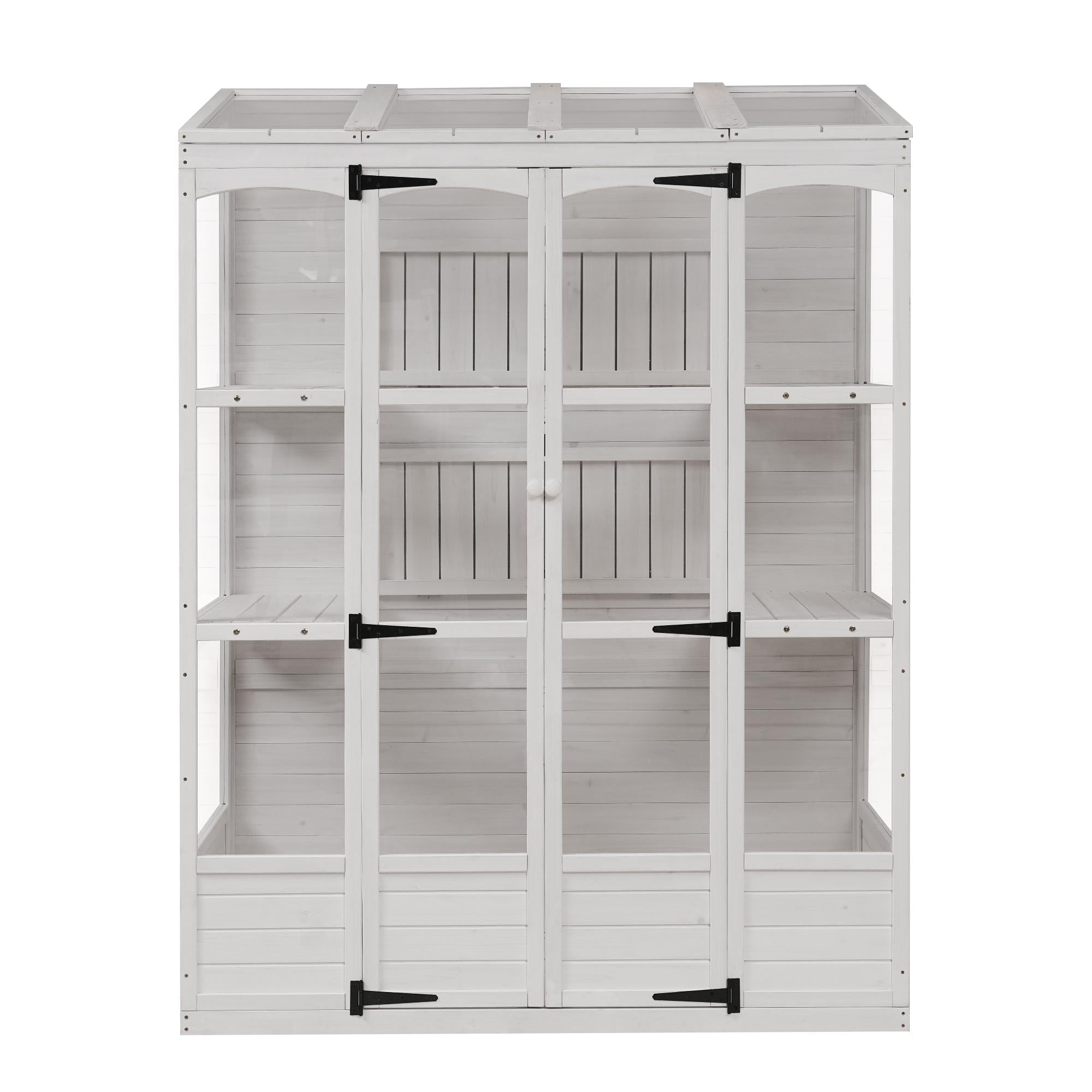 Walk-In Greenhouse with 4 Skylight & 2 Folding Shelf, Wood Cold Frame with Polycarbonate Panel for Garden, 58'' L x 29'' W x 78'' H, White