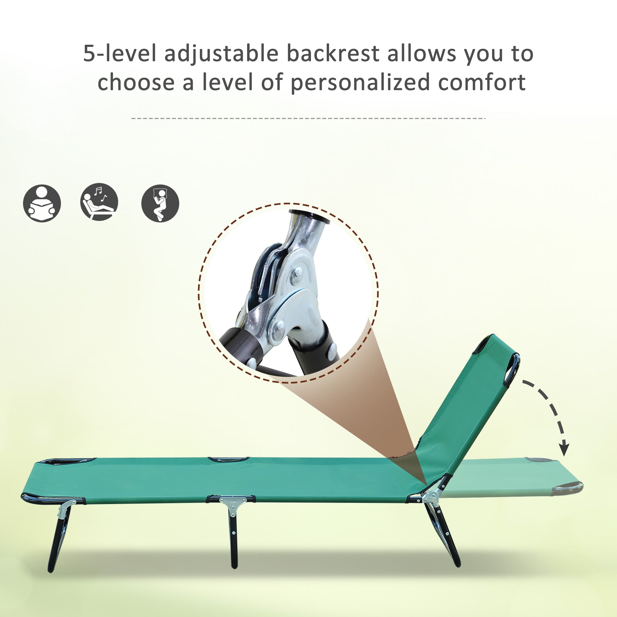 Folding Patio Lounge Chair, Outdoor Sun Tanning Chair, 5-level Adjustable Back, Chaise Pool Breathable Chair with Steel Frame, for Beach, Yard, Green
