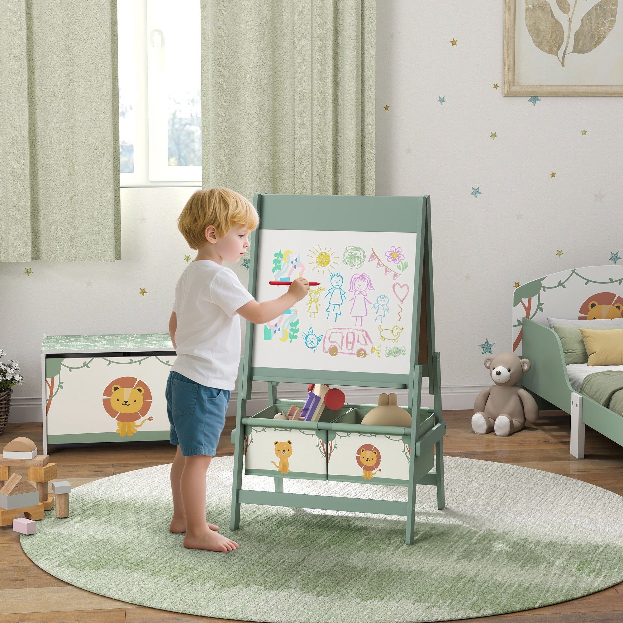 Art Easel for Kids, Double-Sided Whiteboard & Chalkboard with Paper Roll, Storage Baskets for Toddlers Ages 3-8, Green