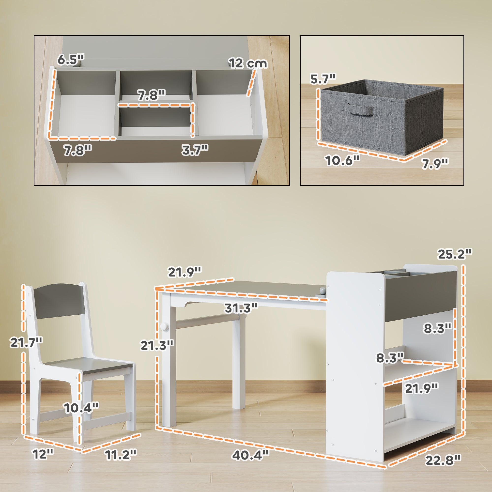 Kids Desk and Chair Set with Paper Roll, Kids Activity Craft Table with Storage Shelves and Drawers, Gray