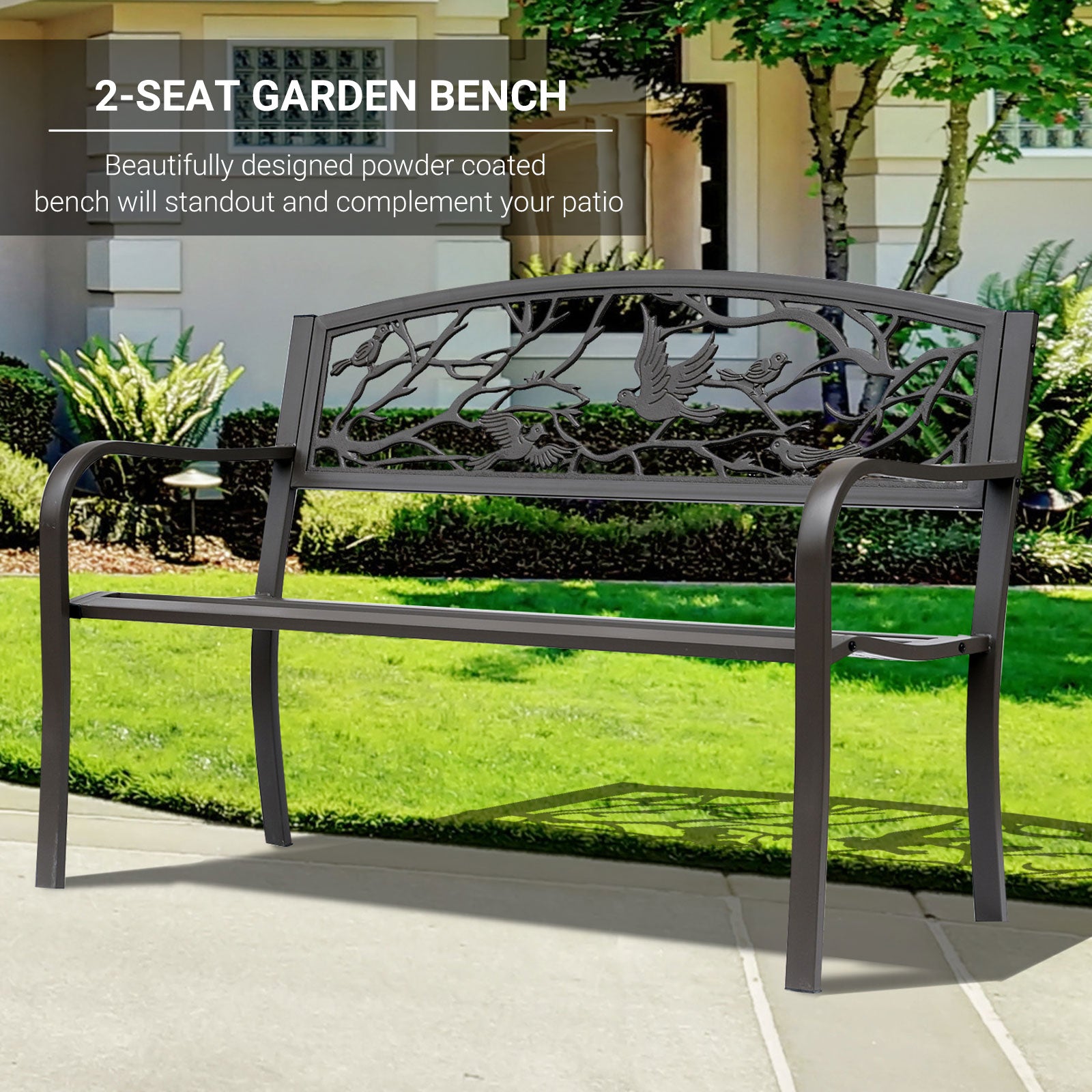 50" Vintage Bird Pattern Garden Cast Iron Patio Bench - Brown