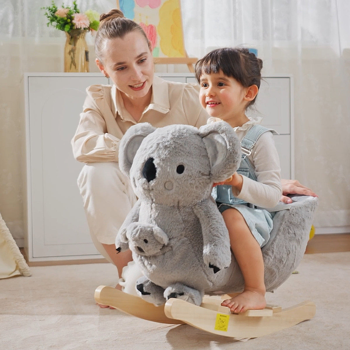 Kids Ride-On Rocking Horse, Koala-shaped Rocker with Realistic Sounds for Children 18-36 Months, Gray