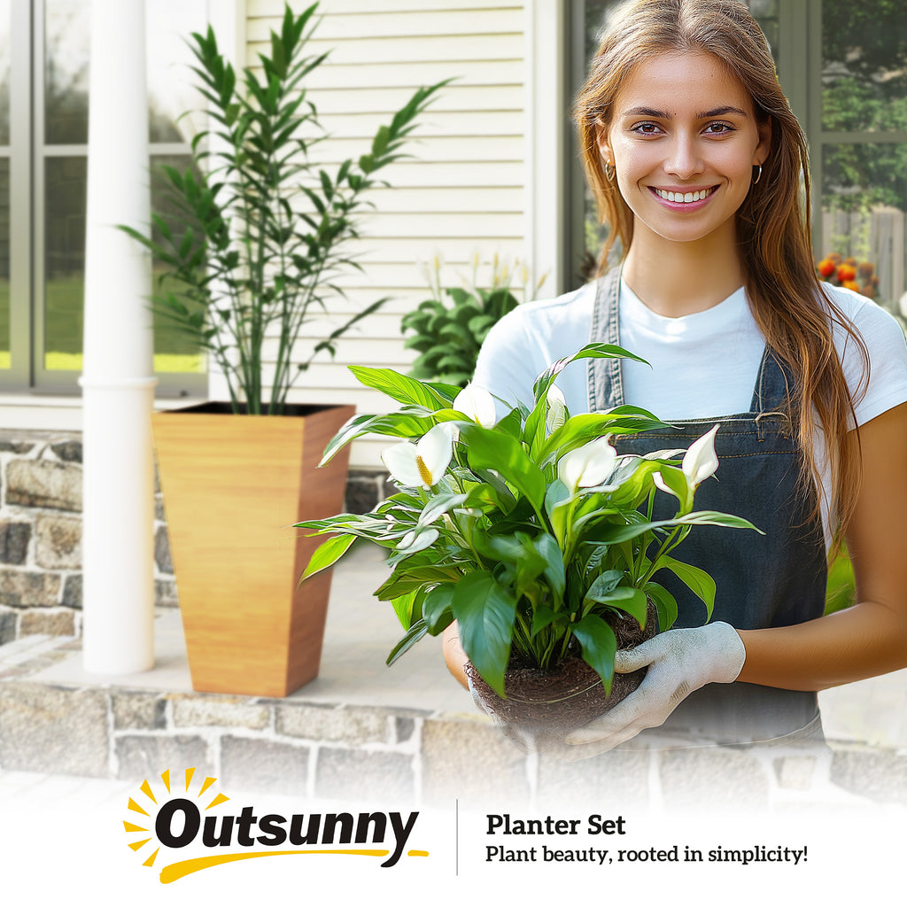 Set of 3 Tall Planters, 28" Outdoor Planter w/ Drainage Holes, Faux Wood Plastic Flower Pots, Light Brown