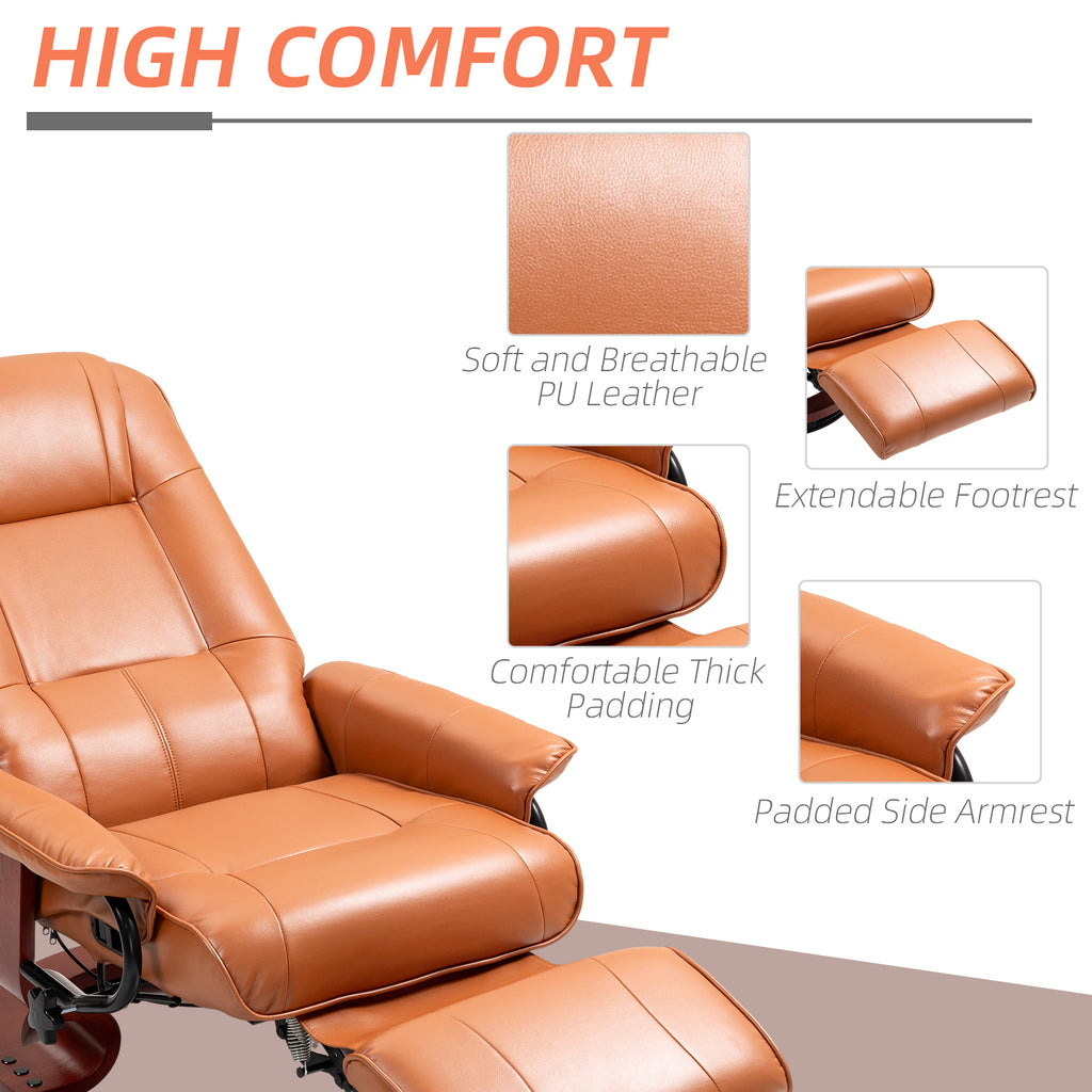 Faux Leather Recliner Chair, Swivel Recliner with Footrest, Armrest and Wood Base for Living Room, Light Brown