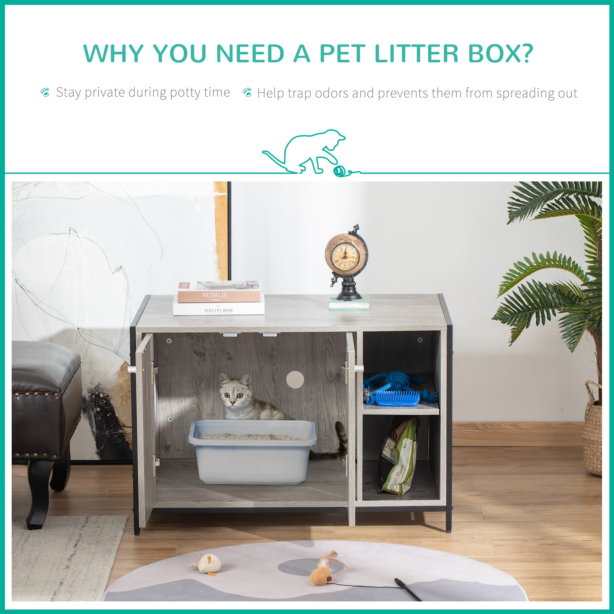 Large Wooden & Steel Cat Litter Box Enclosure, Kitten Washroom End Table, Indoor Hidden Cat House with Magnetic Doors & Storage Shelves, Gray