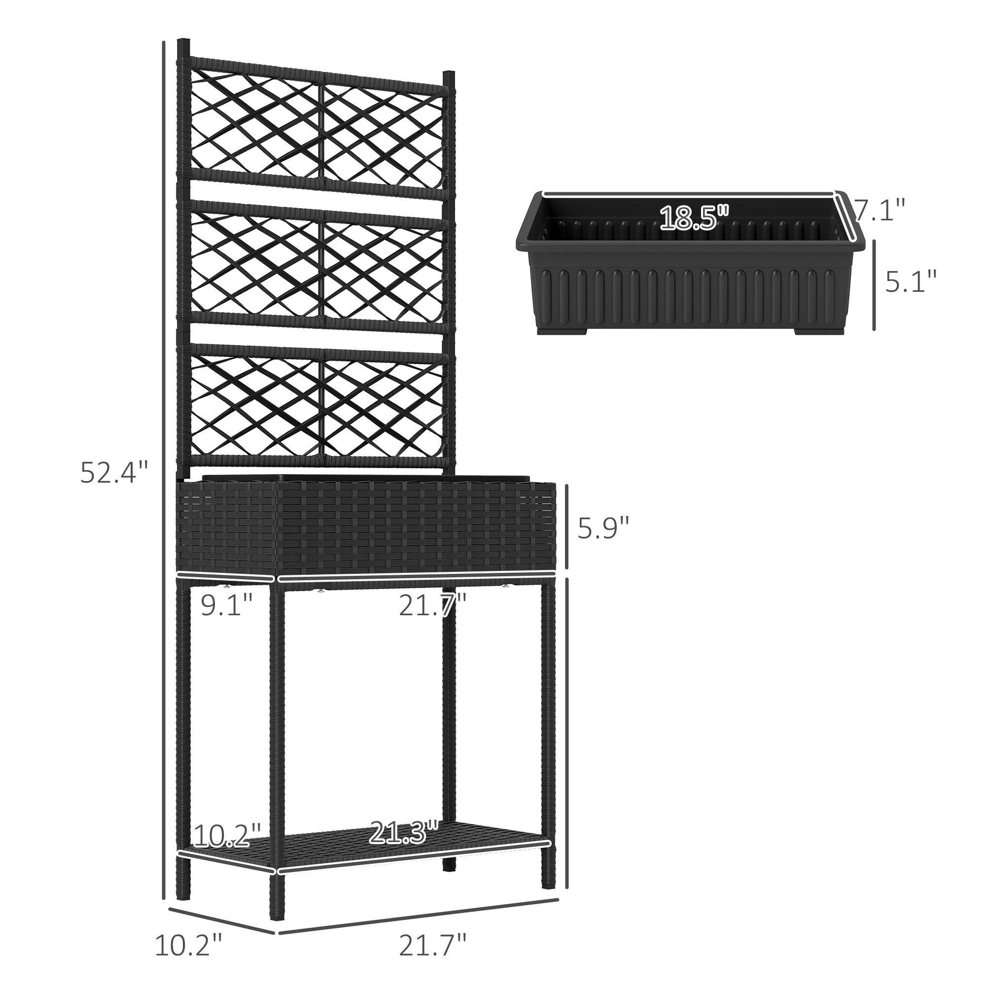Outdoor Wicker Planter with Trellis for Climbing Plants, Freestanding Rattan Garden Box with Storage Shelf, Black