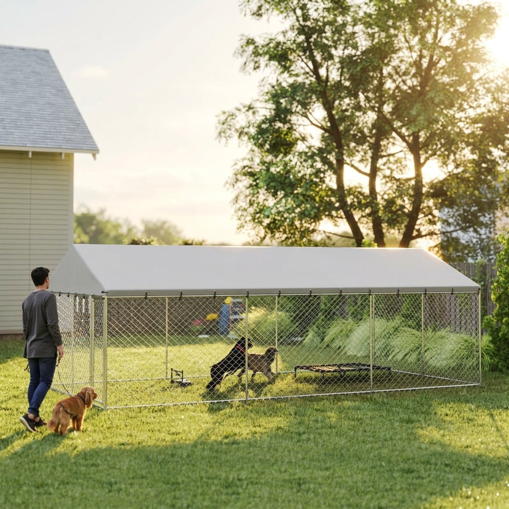 Heavy Duty Outdoor Dog Kennel with Waterproof Roof, 2 Secure Latches, Chain Link Dog Run for Backyard, 20' x 10' x 7'