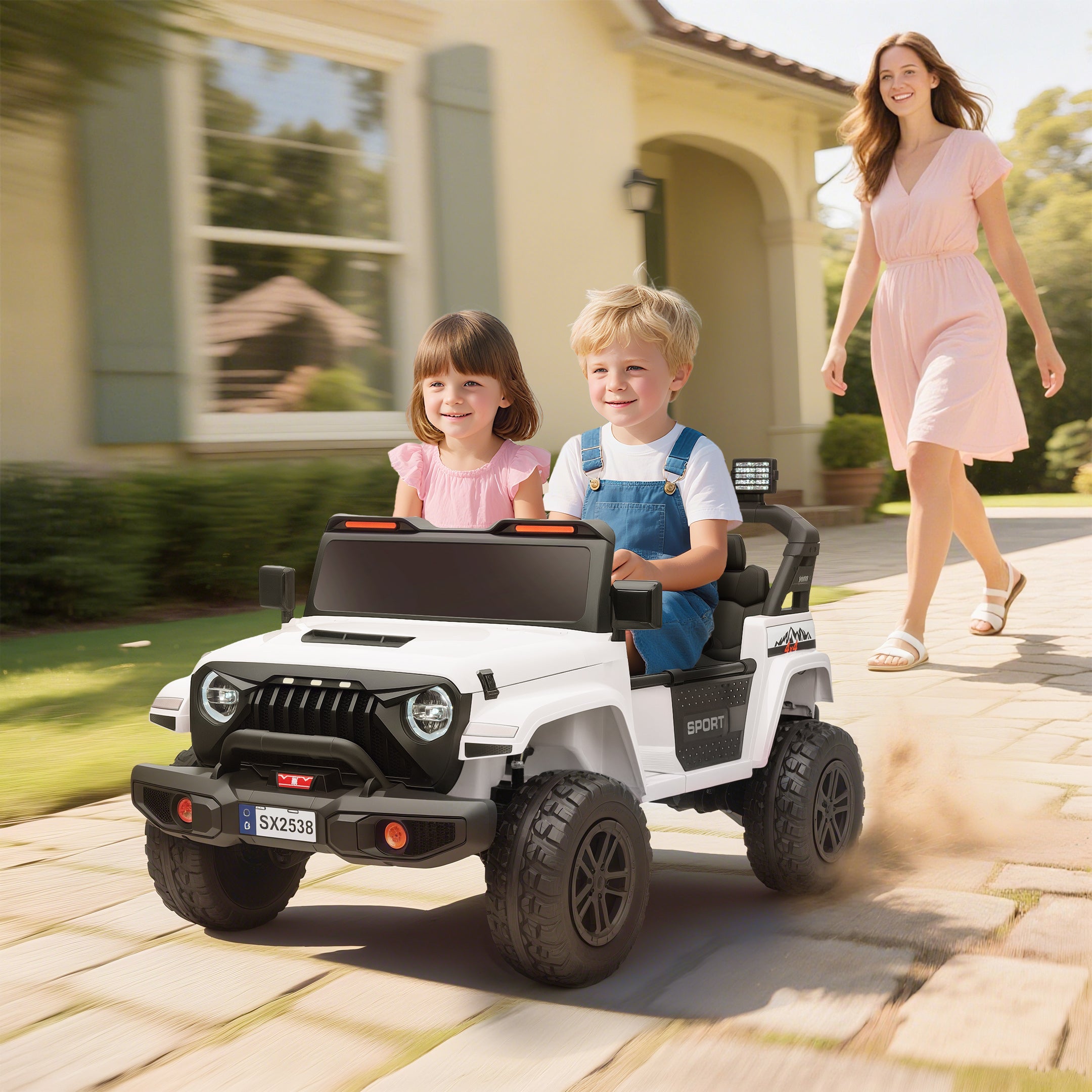 Ride on Truck Car with 2-Seater, 24V Electric Car with 4 Motors, Remote Control, Spring Suspension for 3-8 Years, White