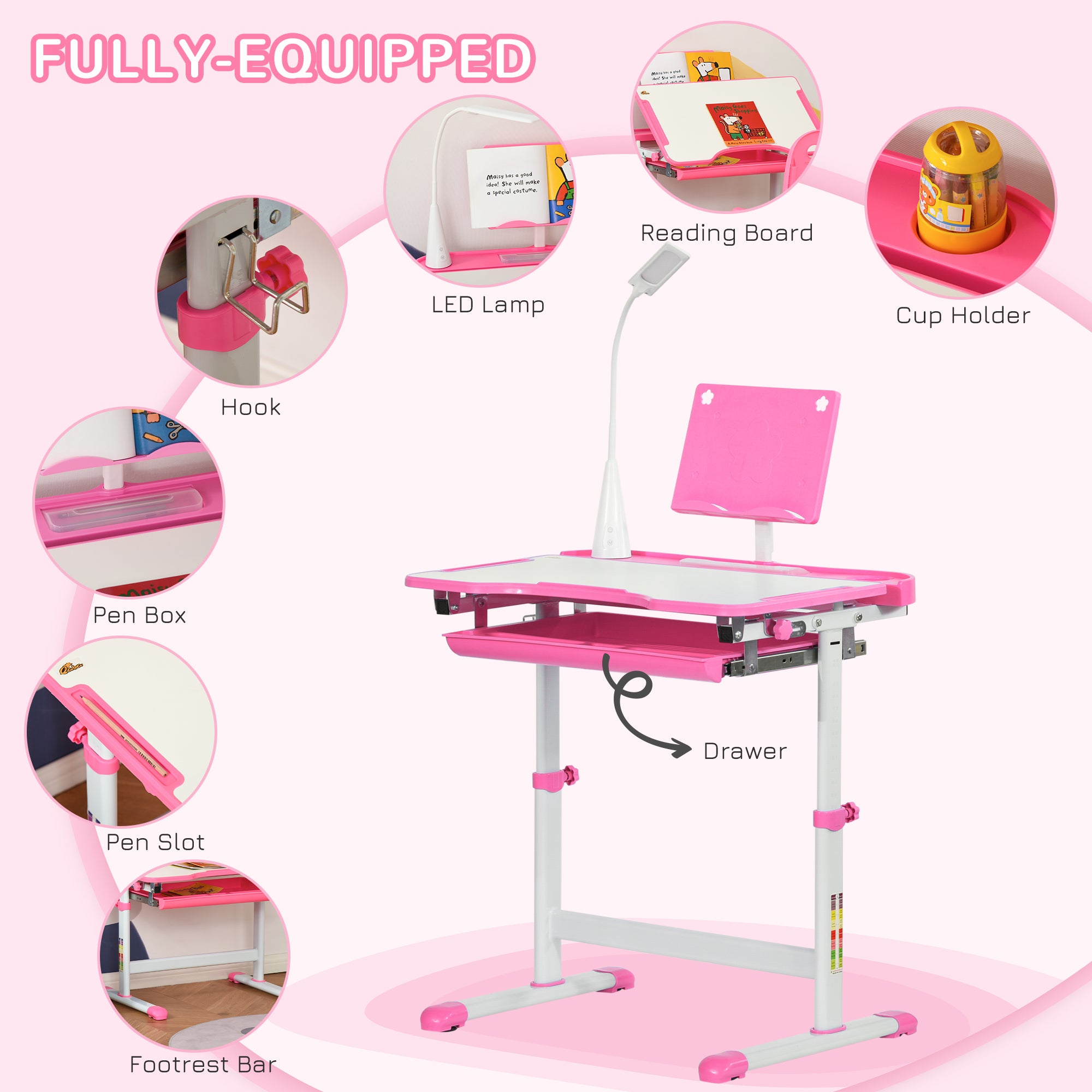 Kids Desk and Chair Set with USB Light, Storage Drawer, Pink