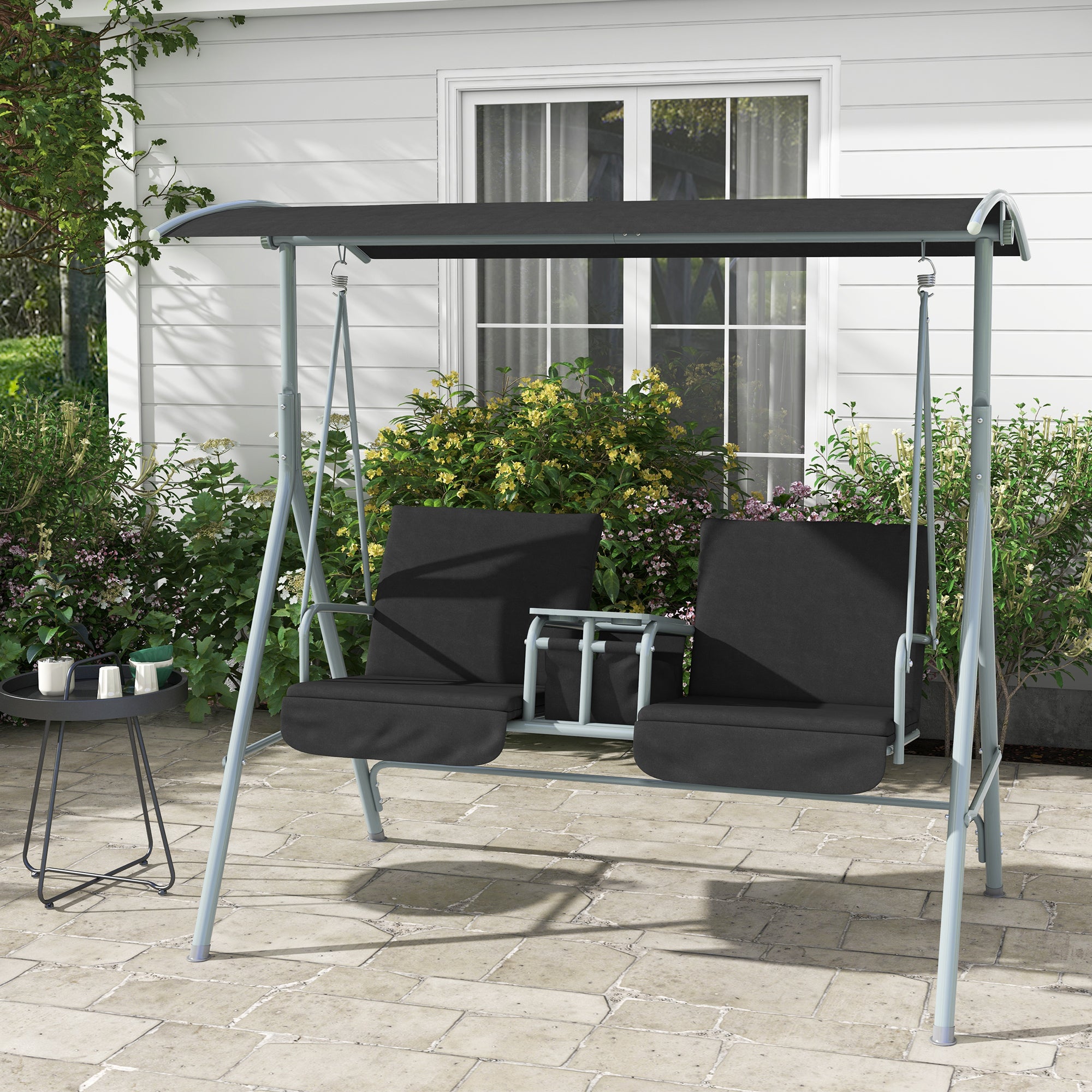 2-Seater Outdoor Porch Swing with Canopy and Table, Patio Swing Chair for Garden, Poolside, Backyard, Black