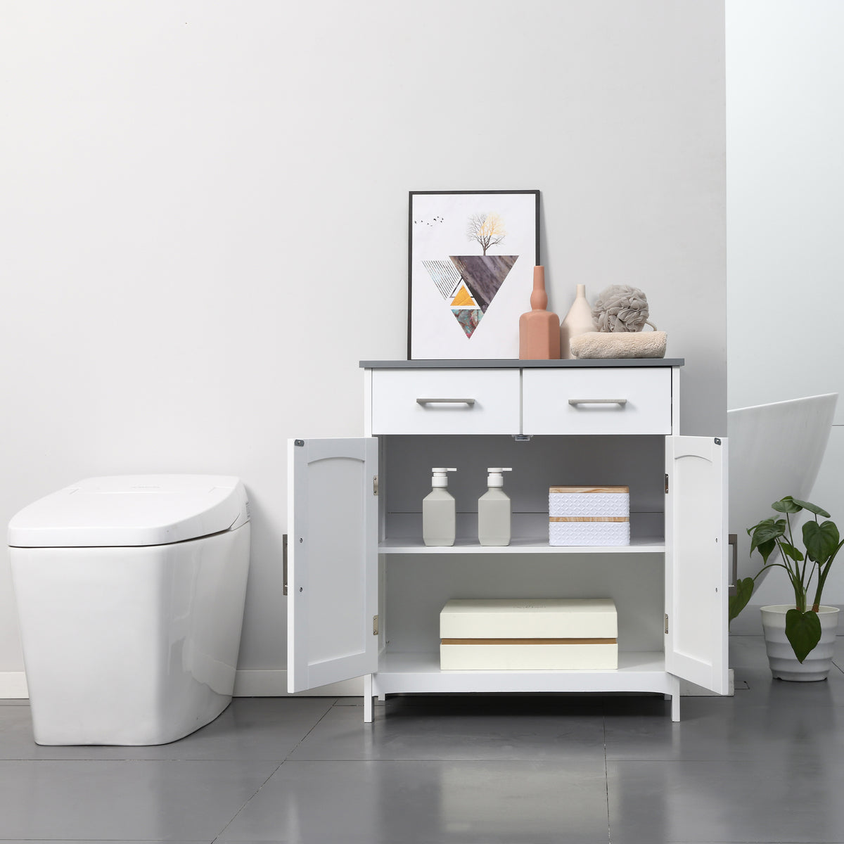 Bathroom Floor Cabinet, Freestanding Linen Cabinet, Storage Cabinet with 2 Drawers, Double Doors, Adjustable Shelf, White