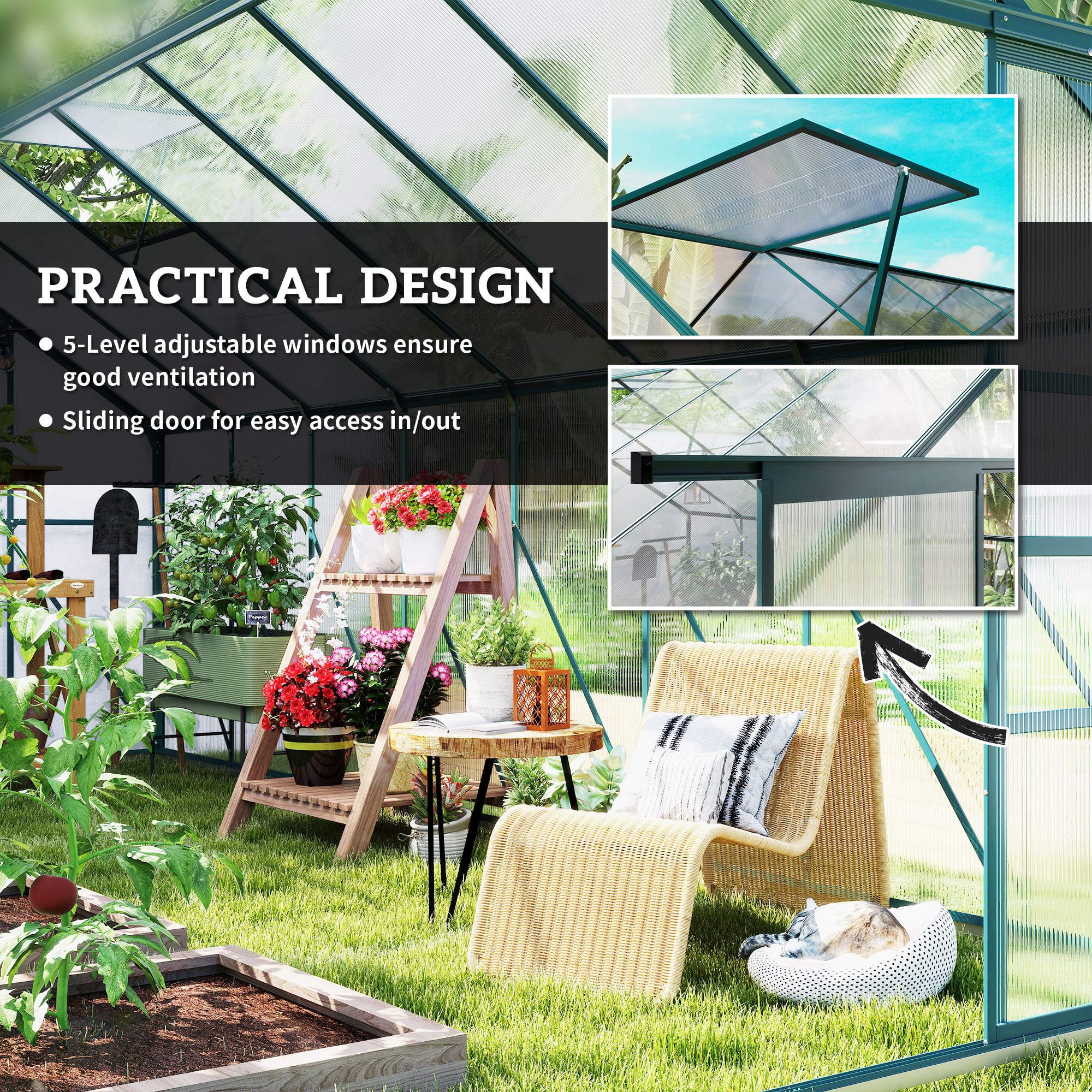 16' x 8' Aluminum Greenhouse Polycarbonate Walk-in Garden Greenhouse Kit with Adjustable Roof Vent, Rain Gutter and Sliding Door for Winter, Clear
