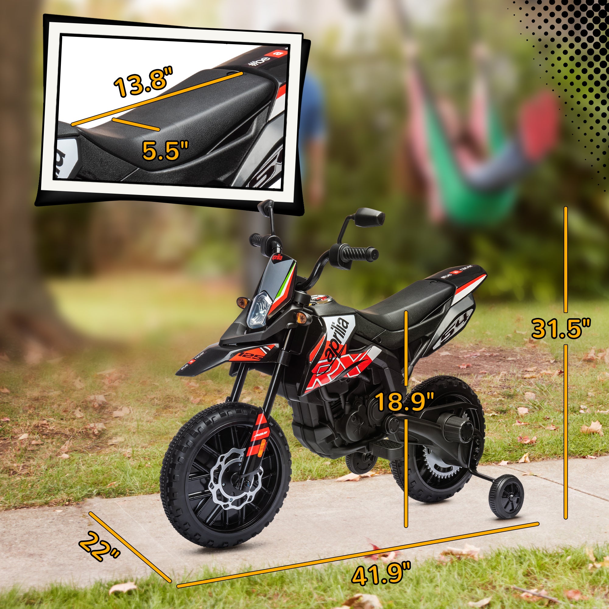 12V Aprilia Licenced Kids Motorcycle with Training Wheels, Spring Suspension, LED Light, USB, Music, Red