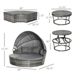 4 Piece Round Rattan Daybed, Convertible Patio Furniture Set, Adjustable Sun Canopy, Sectional Outdoor Sofa, 2 Chairs, Extending Tea Table Ottoman Chair, 3 Pillows, Gray