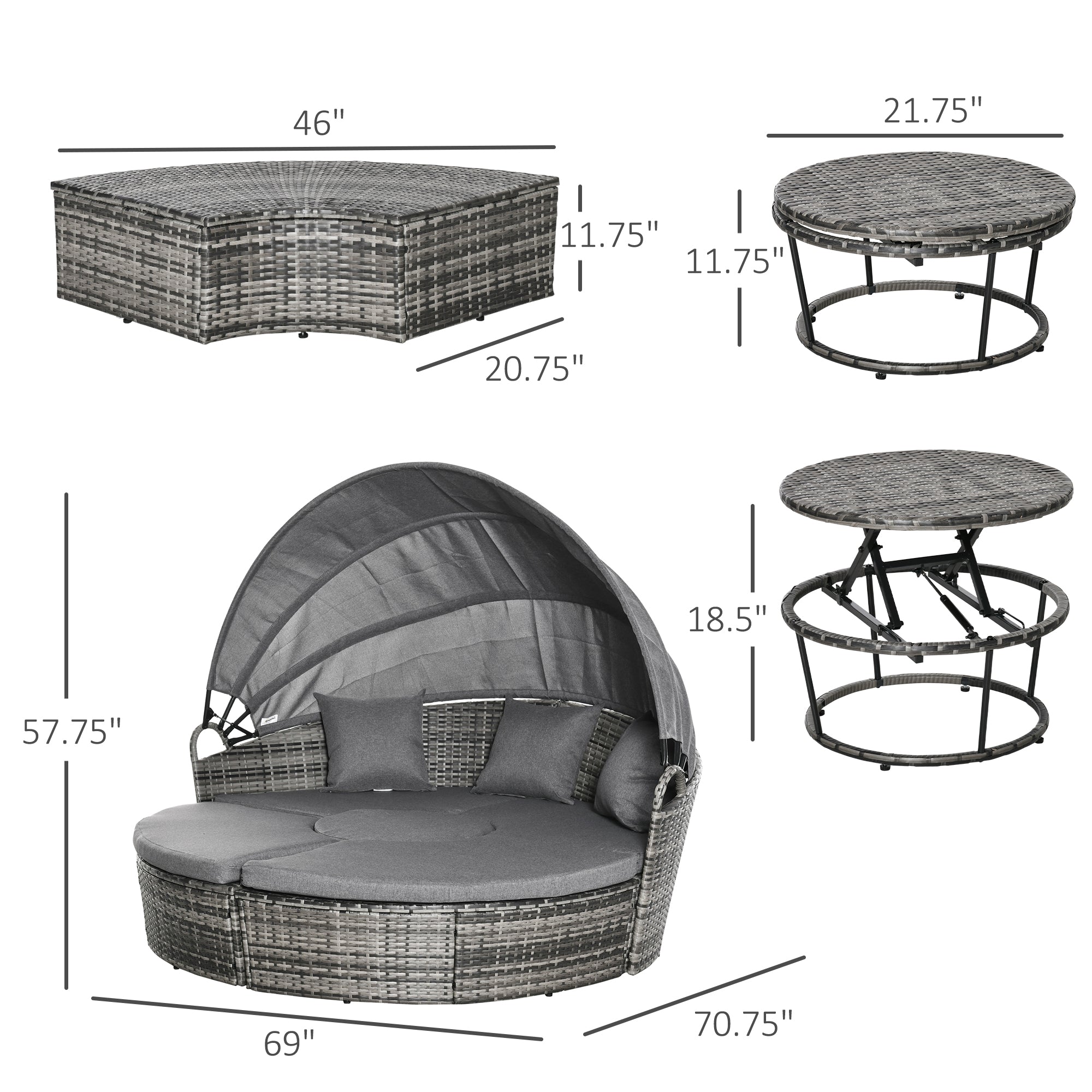 4 Piece Round Rattan Daybed, Convertible Patio Furniture Set, Adjustable Sun Canopy, Sectional Outdoor Sofa, 2 Chairs, Extending Tea Table Ottoman Chair, 3 Pillows, Gray
