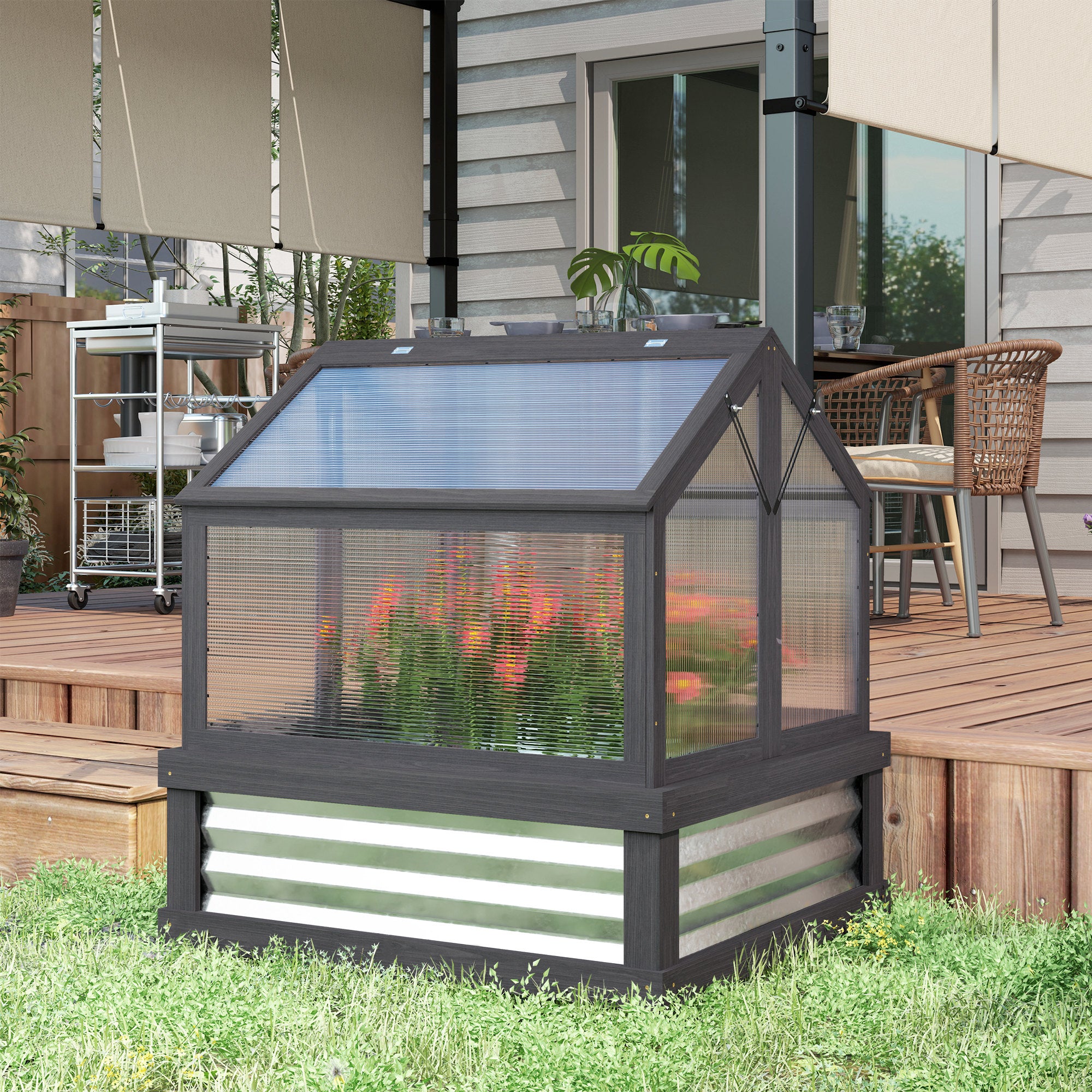 Raised Garden Flower Bed Kit with Greenhouse, Wooden Cold Frame Planter, 35.5" x 31.5" x 36", Gray