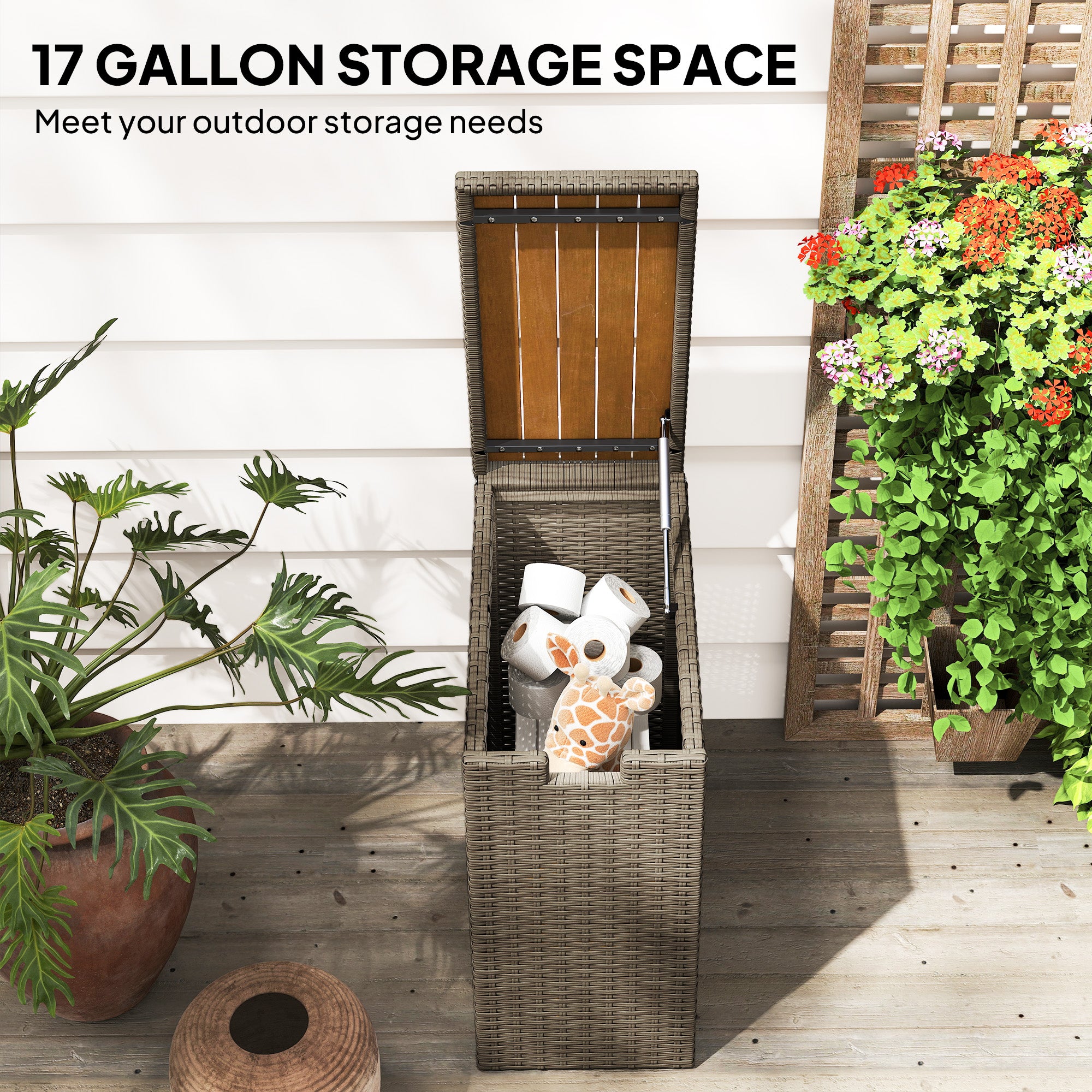 17-Gallon Small Deck Box, Wicker Outdoor Storage Box with Acacia Wood Top for Patio Cushions and Garden Tools, Teak