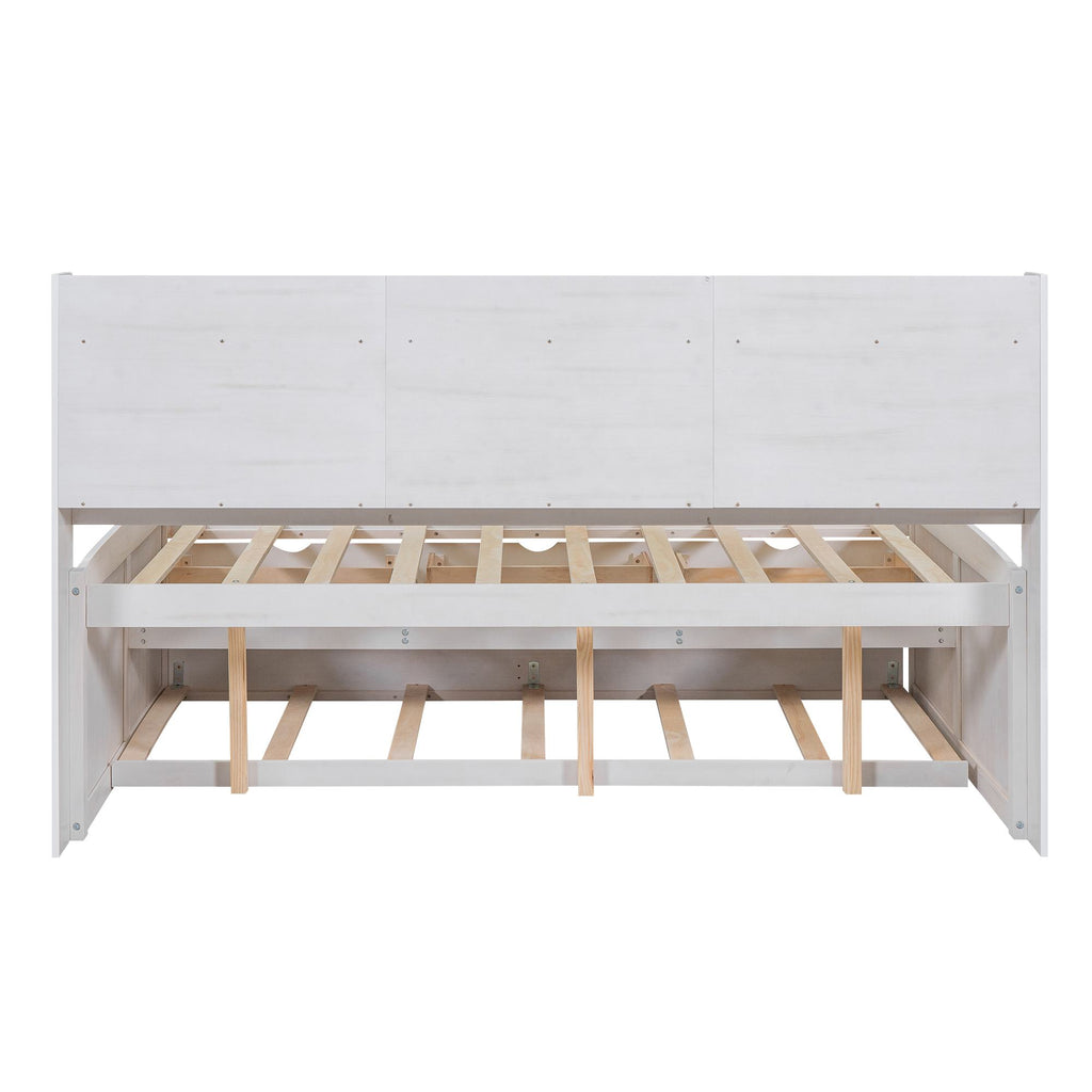 Classic Style Full Size Wooden Captain Bed with Built-in Bookshelves, 3 Storage Drawers, and Trundle, 79" L x 104.5" W x 47" H, White