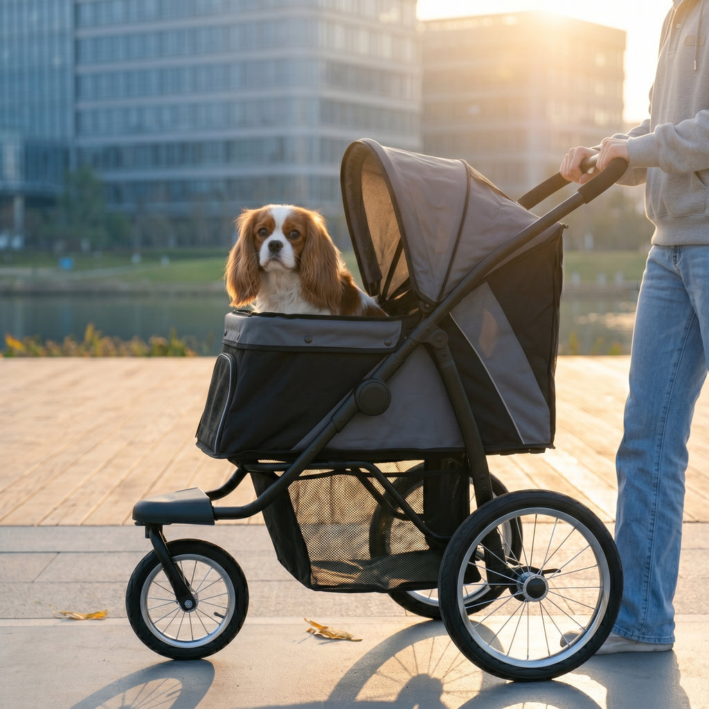 3 Wheels Pet Stroller for Small Dogs and Medium Dogs with Adjustable Canopy, Safety Tether, Storage Basket, Gray