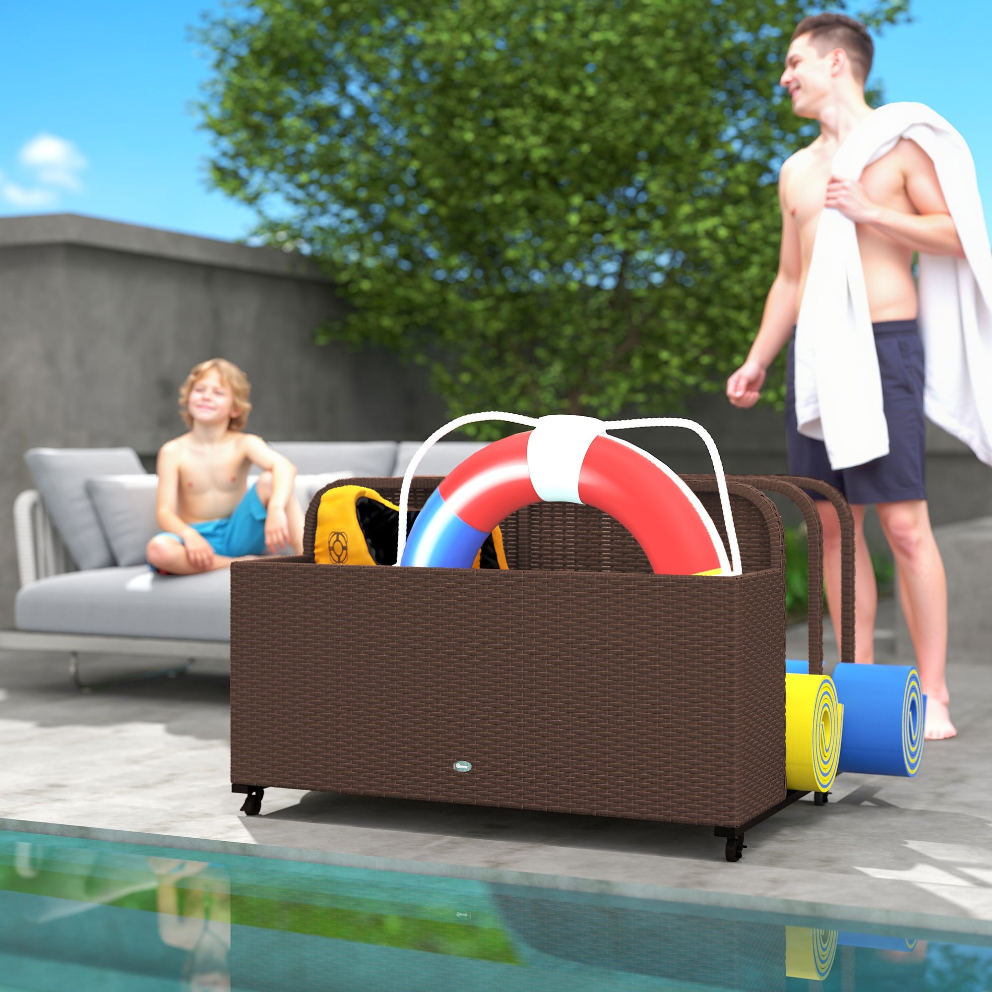PE Rattan Pool Float Storage Organizer with Wheels, Brown
