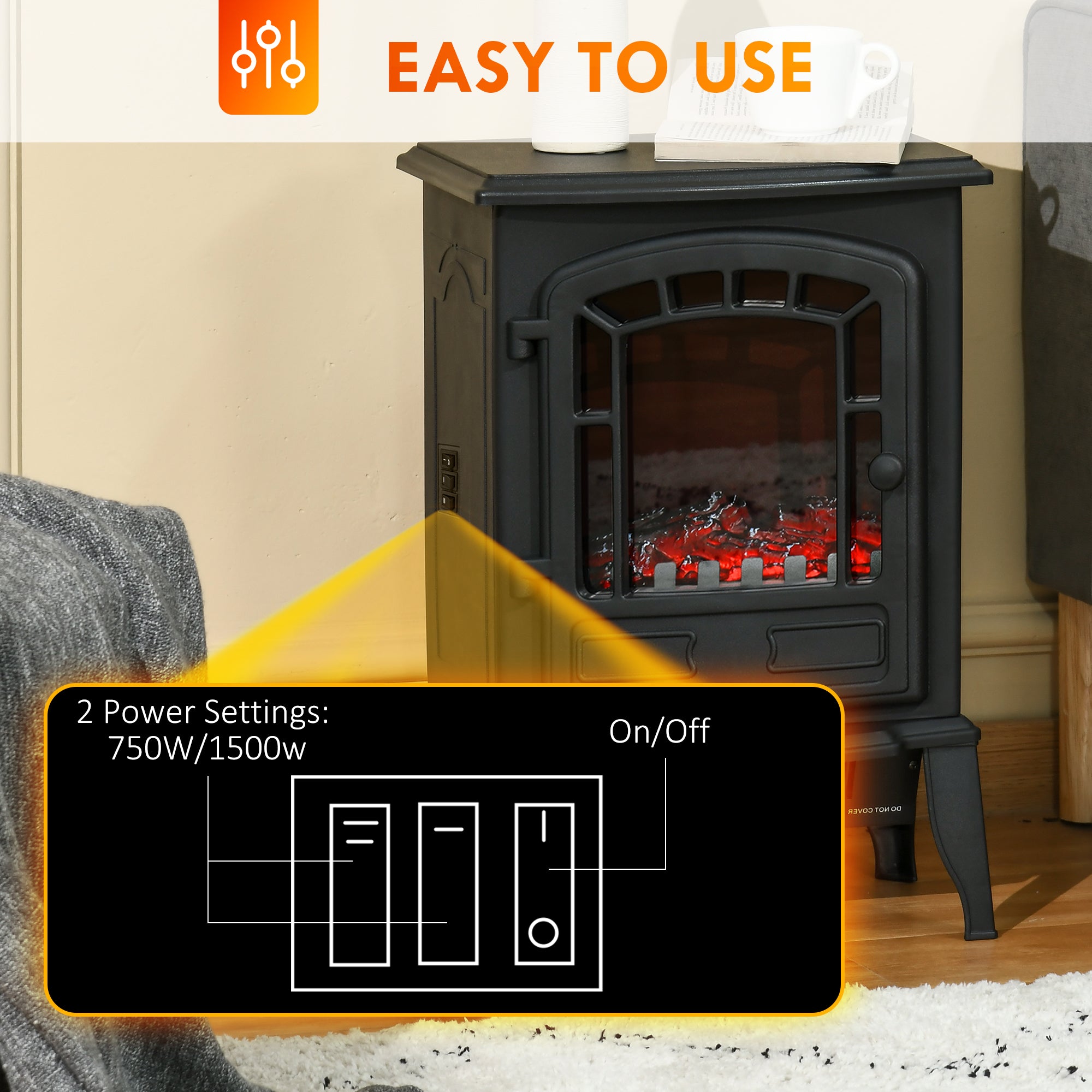 Electric Fireplace Heater, Freestanding Fireplace Stove with Realistic Flame Effect Overheat Protection 750W/1500W Black