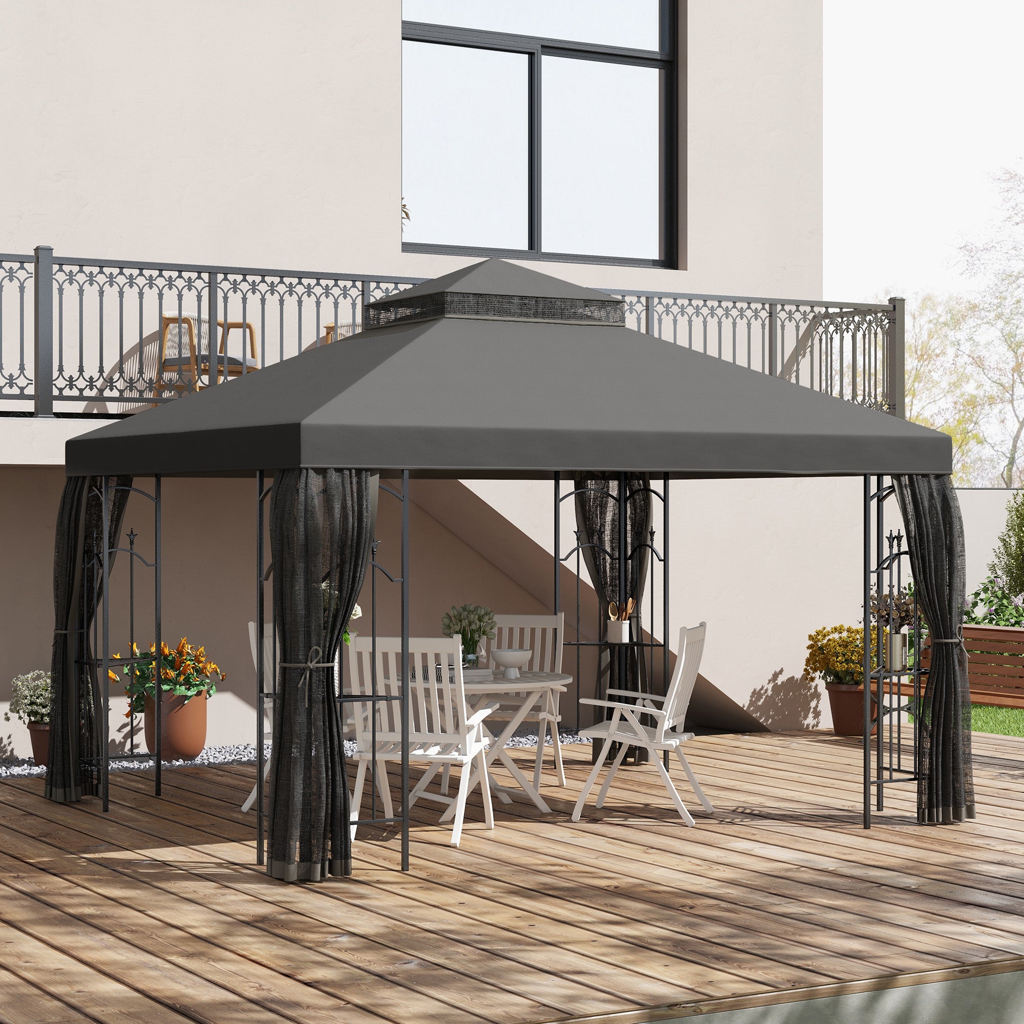 10x12 Gazebo with Shelves, Double Roof, and Netting for Outdoor Use, Perfect for Family Gatherings, Gray