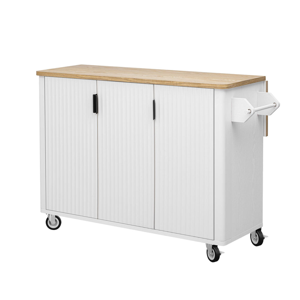 Fluted Kitchen Island with Drop Leaf, Internal Storage Rack, Rolling Kitchen Cart with Towel Rack, Adjustable Shelves, Smooth Curved Edge, White