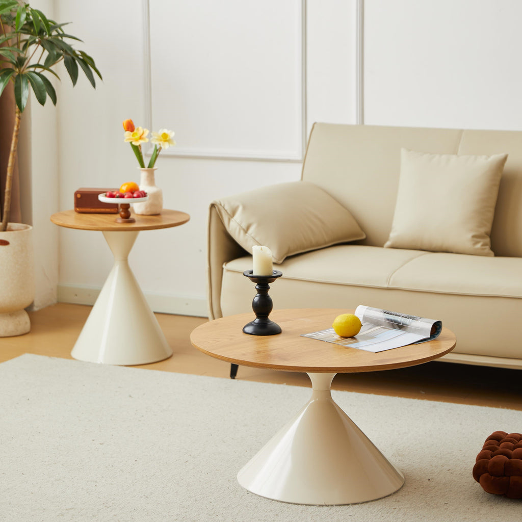 2-Piece Round Nesting Coffee Table Set with Curved Inset Edges, Tea Table Set with MDF Tops, 27.5" L x 27.5" W x 16" H, Brown+White
