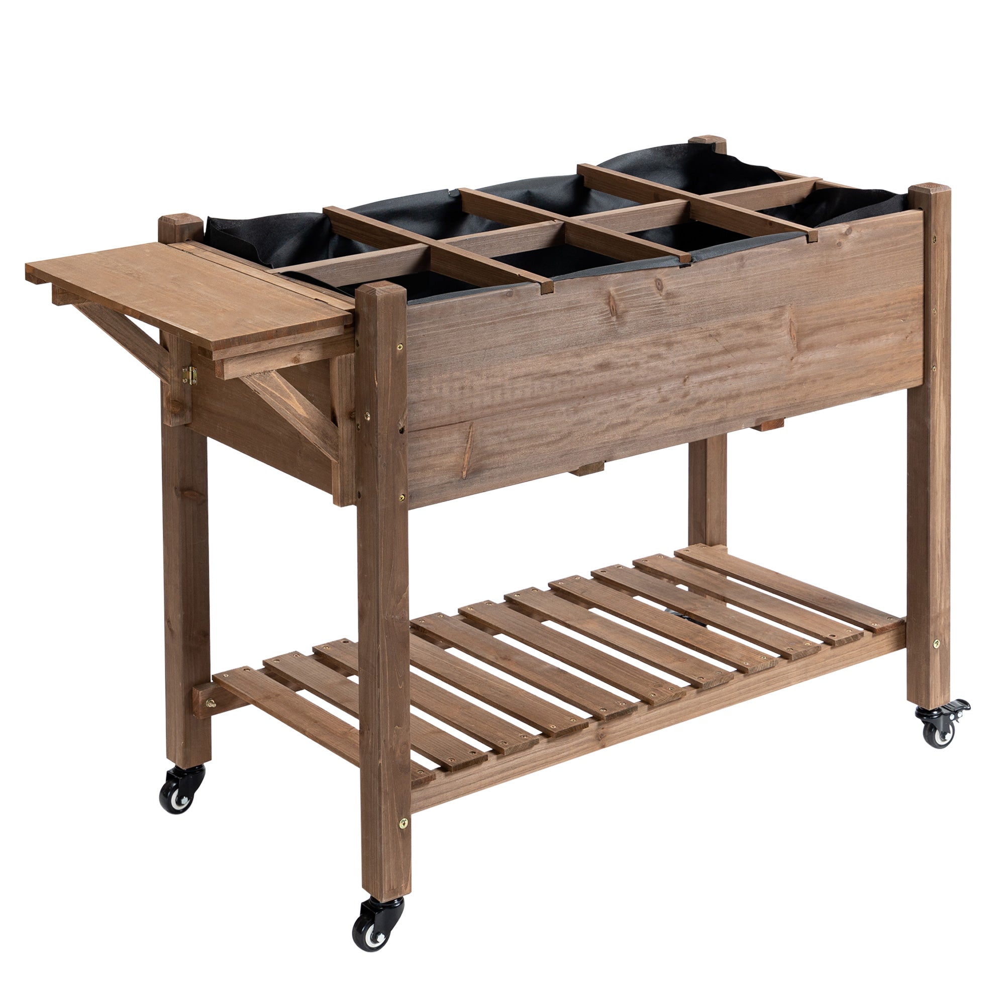 Wooden Garden Box, 34.25H with 8 Pockets and Lockable Wheels, Foldable Side Clapboard, Elevated and Self-Draining Design, to Grow Herbs, Vegetables, and Flowers, Brown