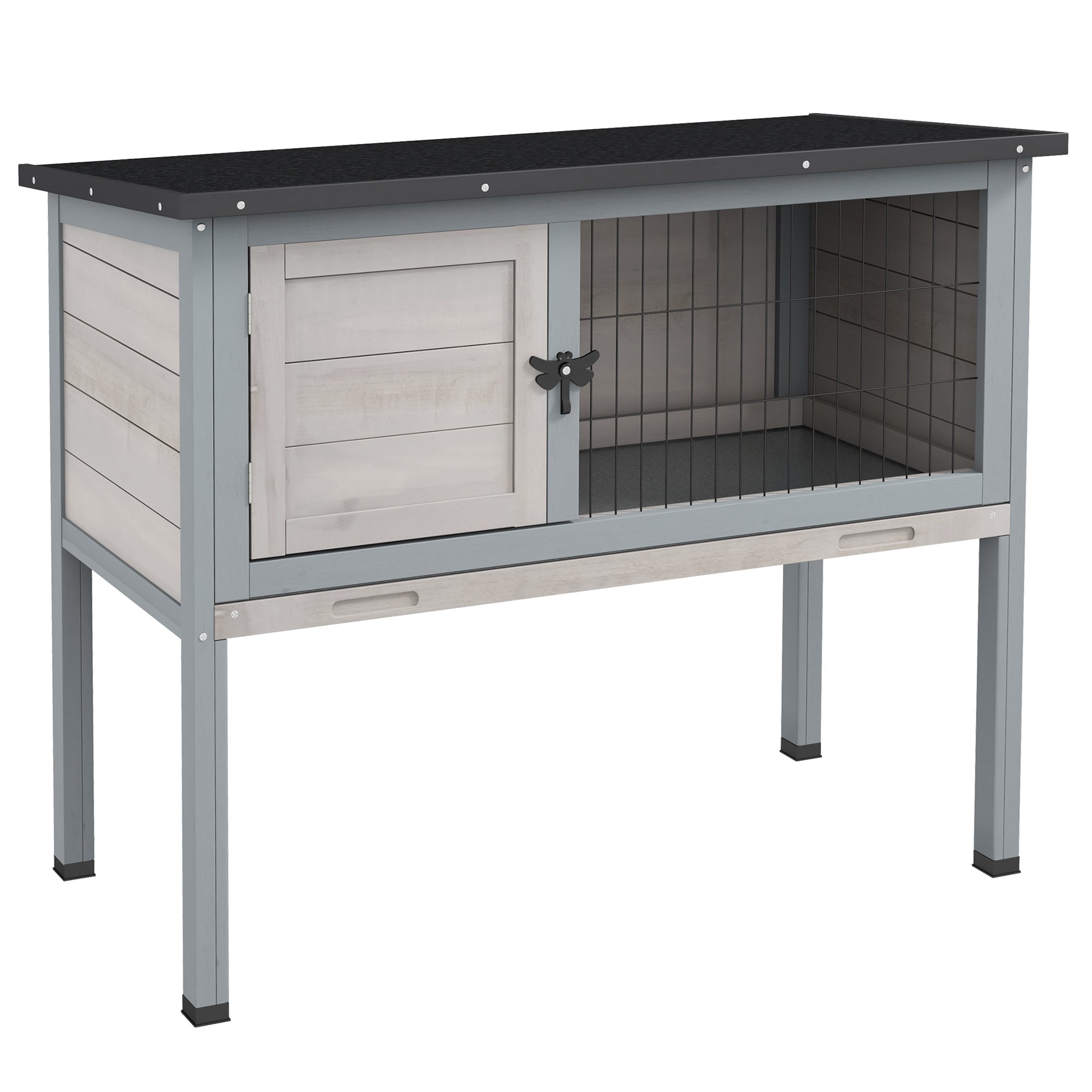 Elevated Rabbit Hutch, Wooden Bunny Cage with Hinged Asphalt Roof and Removable Tray, for Indoor/Outdoor, Gray