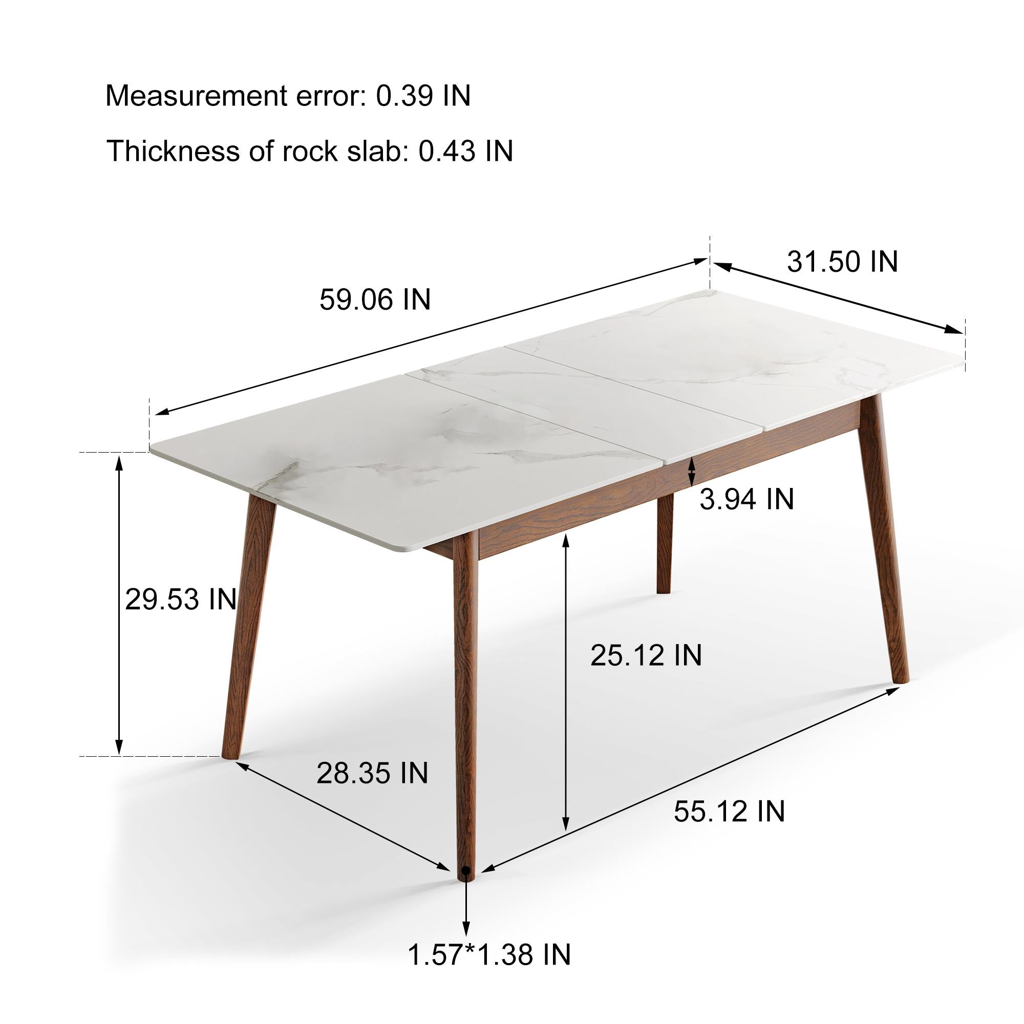 Extendable Dining Table with Stone Slab Tabletop, Sturdy Kitchen Table with Rounded Corners, 59″ L x 31.5″ W x 29.5″ H, White+Walnut
