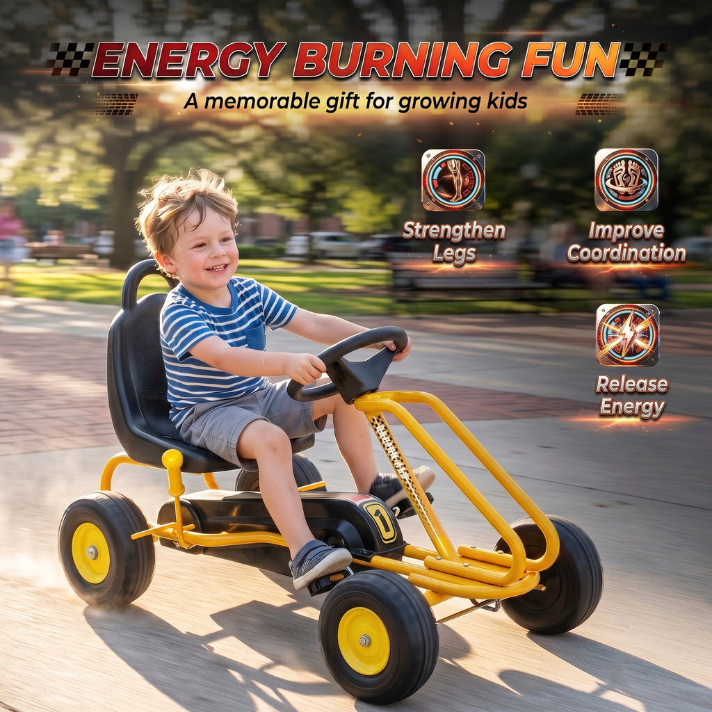 Go Kart for Kids, 4 Wheel Pedal Go Cart with Adjustable Seat, Safety Hand Brake for Boys Girls 3-6 Years, Yellow