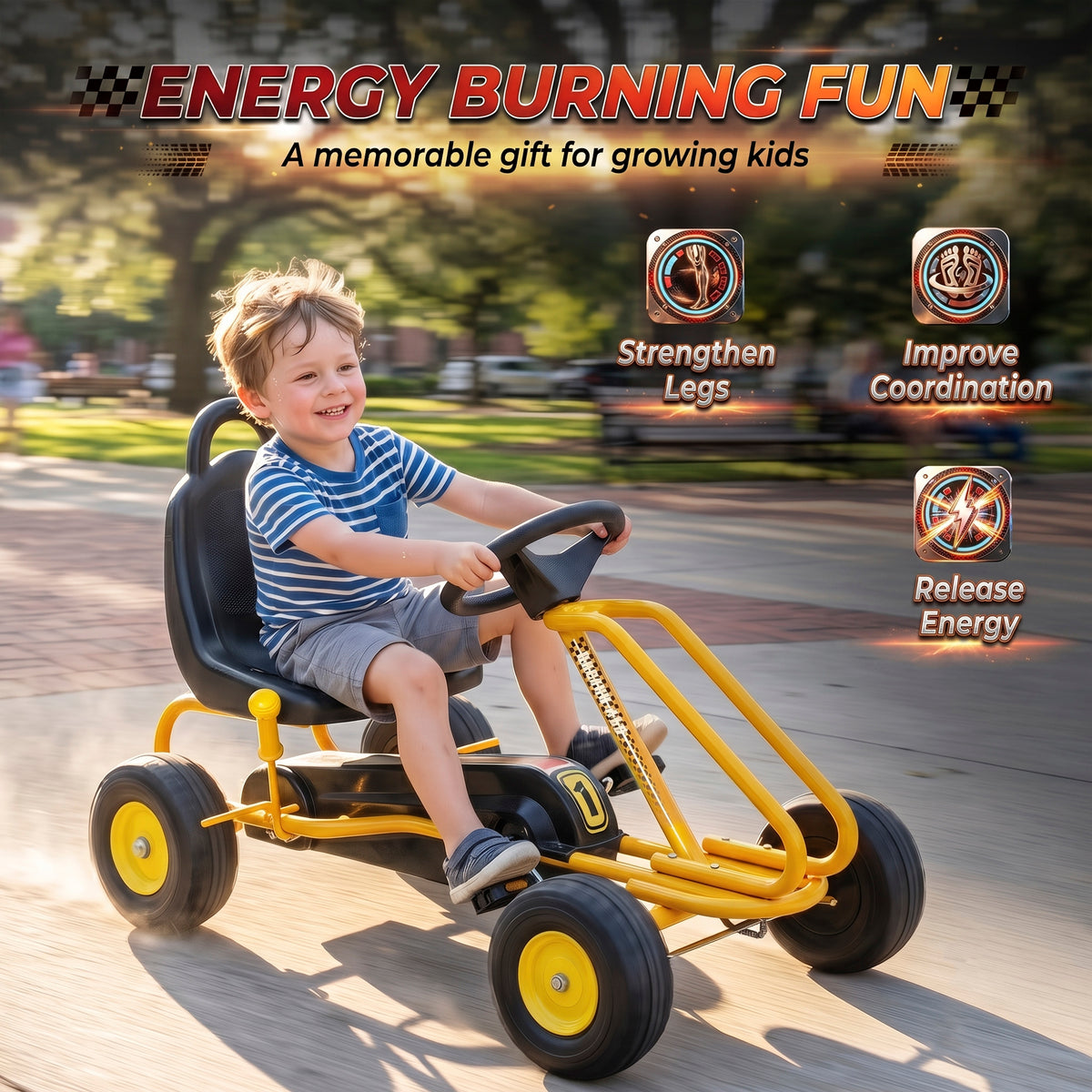 Go Kart for Kids, 4 Wheel Pedal Go Cart with Adjustable Seat, Safety Hand Brake for Boys Girls 3-6 Years, Yellow