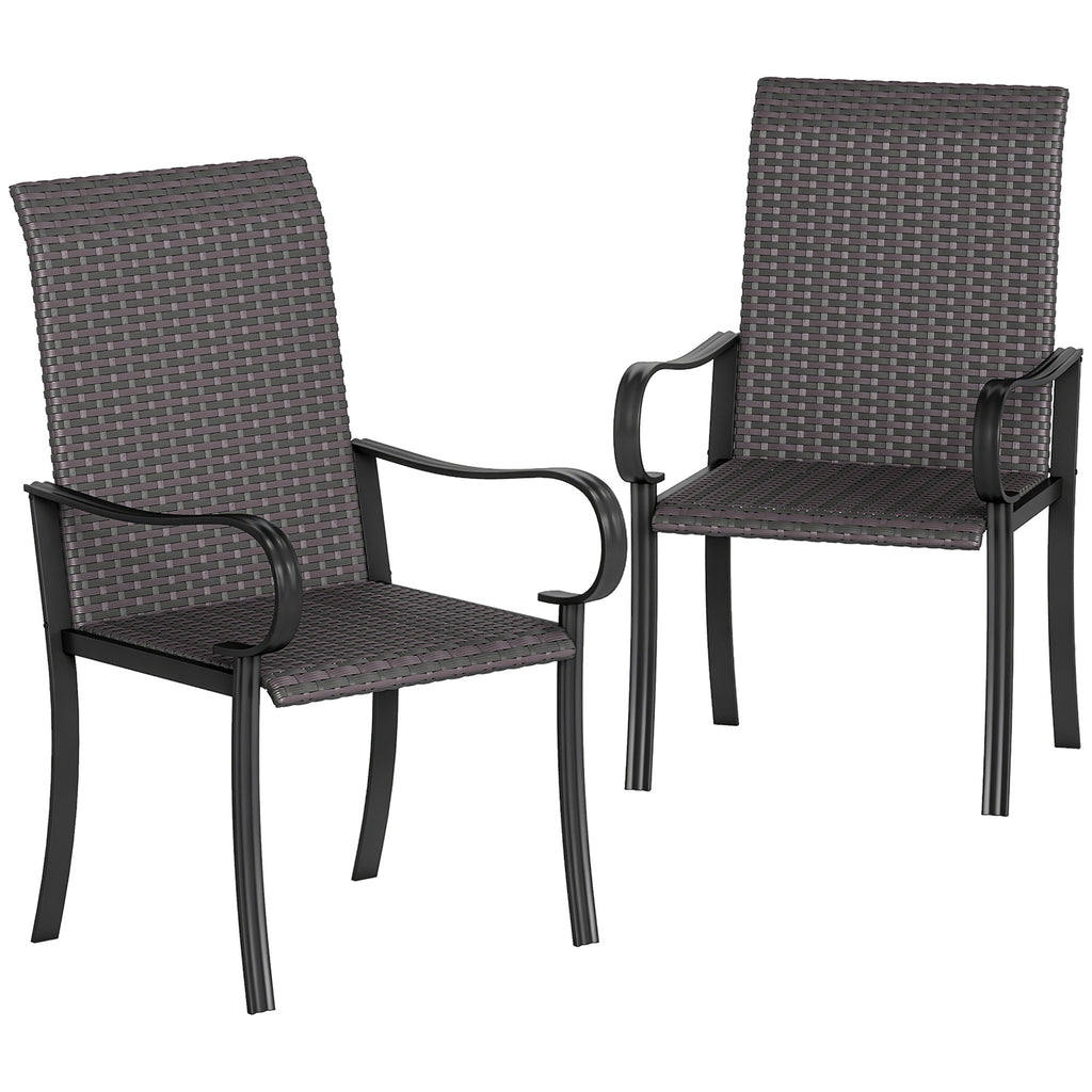 Set of 2 Outdoor Wicker Dining Chairs with Armrest, Steel Frame, High Back and Deep Seating, Brown