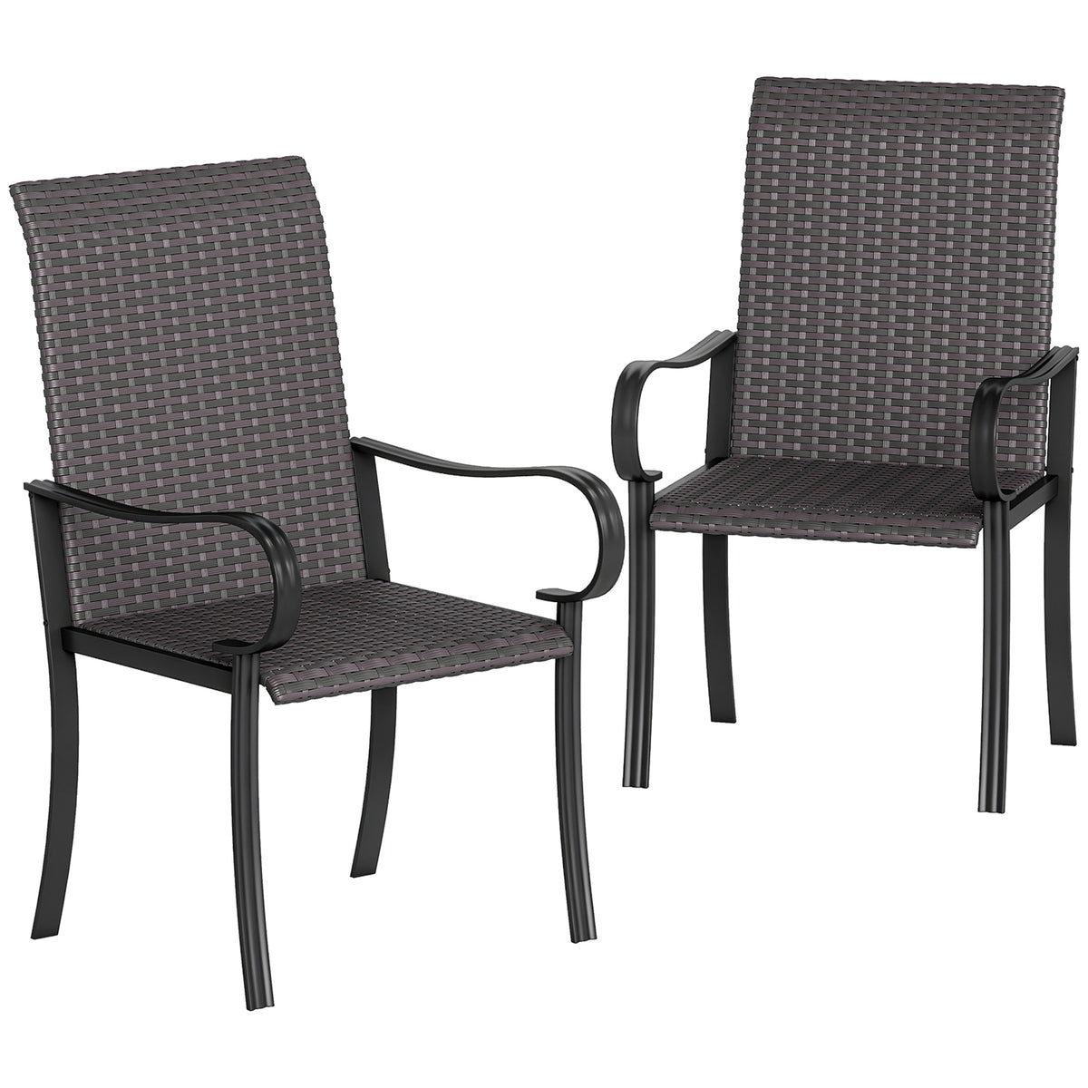 Set of 2 Outdoor Wicker Dining Chairs with Armrest, Steel Frame, High Back and Deep Seating, Brown