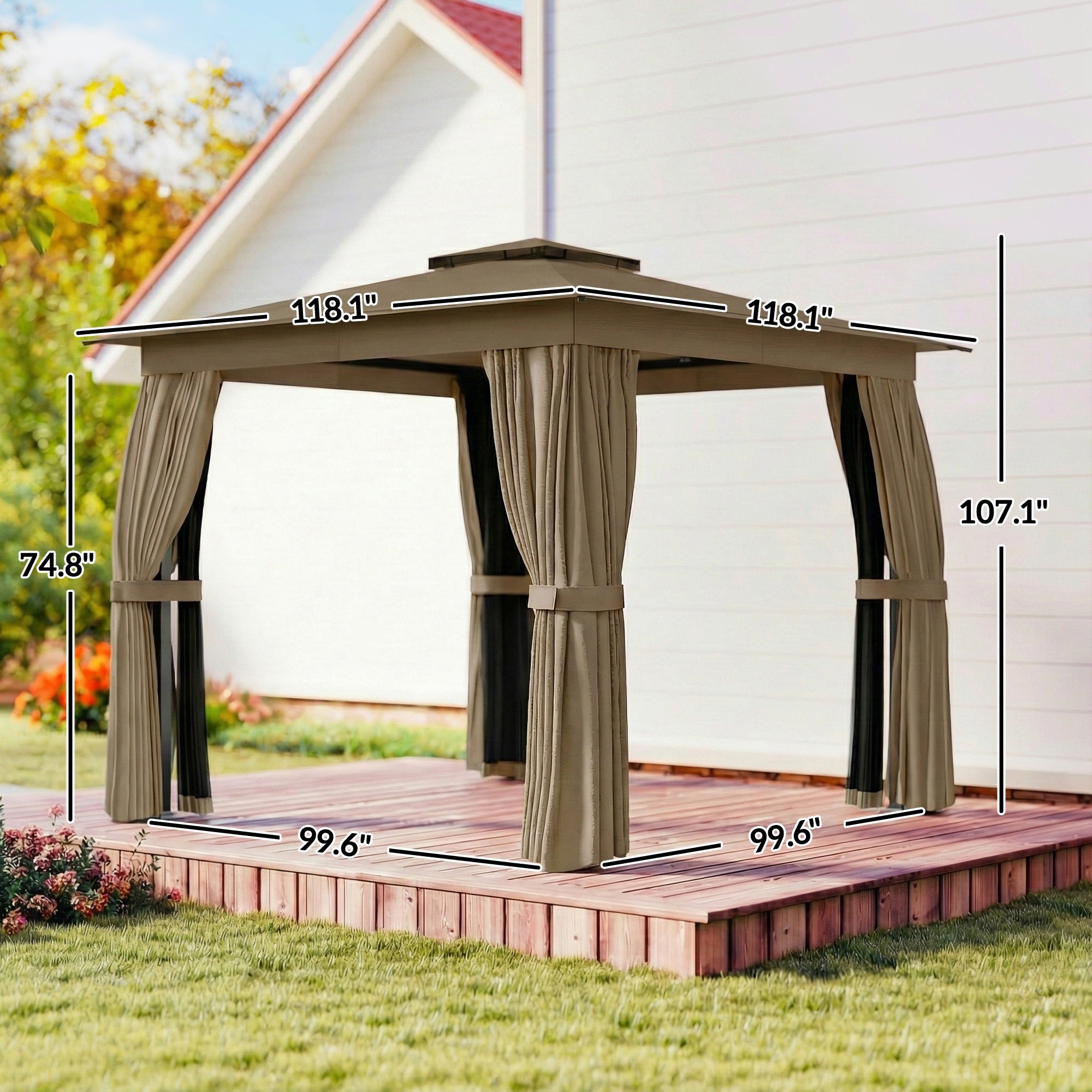 10' x 10' Outdoor Patio Gazebo, Soft Top Gazebo Canopy Shelter with Curtains, Netting, Steel Frame, Hook, Khaki