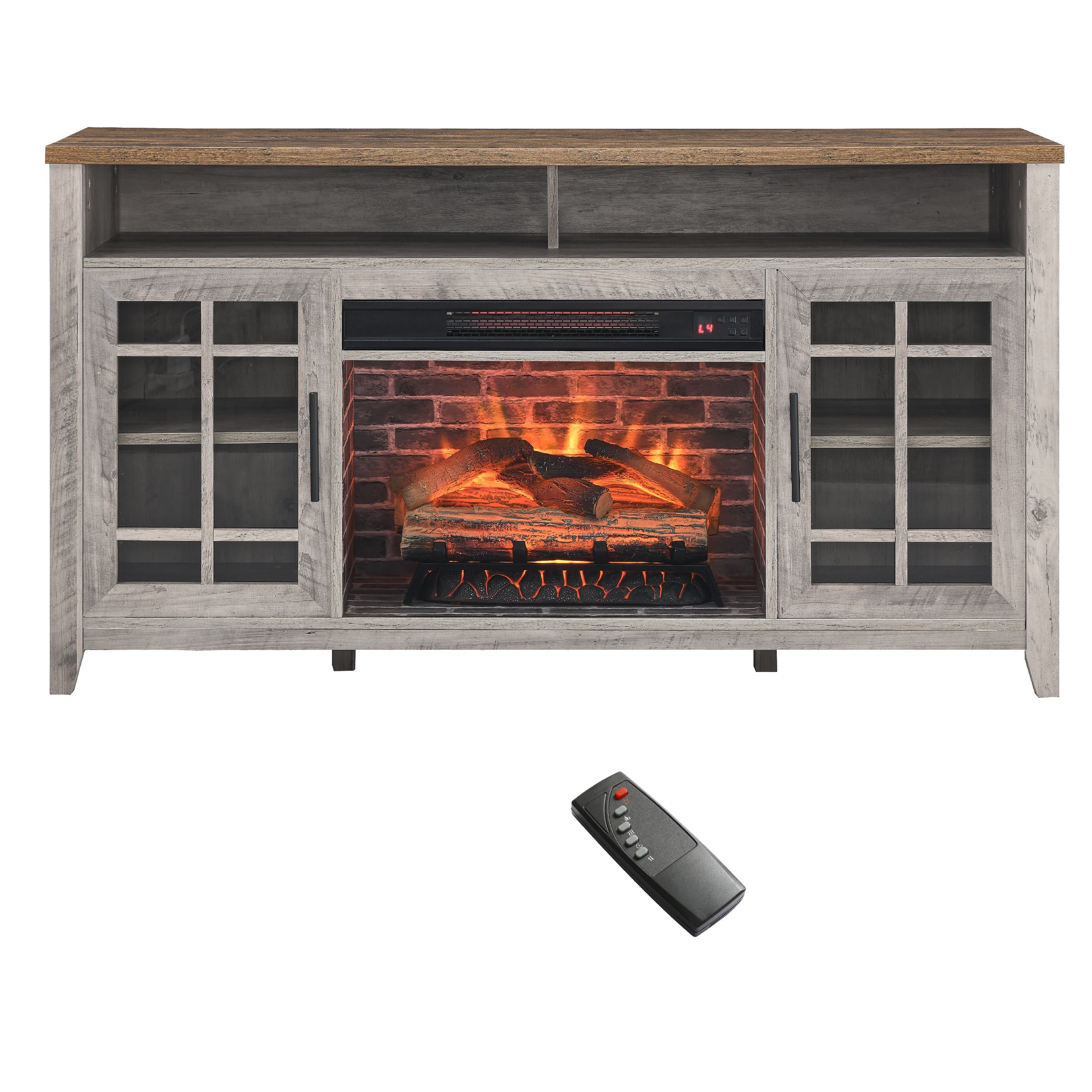 55" TV Media Stand with Electric Fireplace, Entertainment Center with Adjustable Shelves, Cable Management, Gray Wash