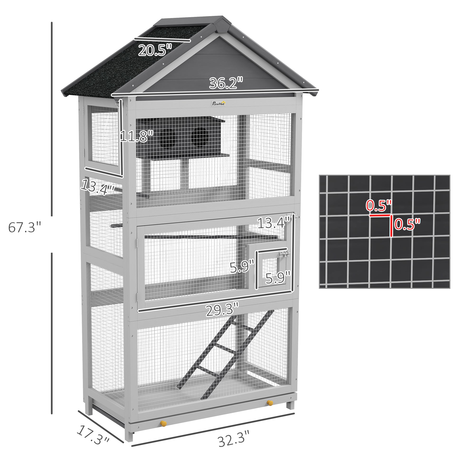 Wooden Bird Aviary with Slide-Out Tray, Birdhouse, Ladder, Perches for Finches, Parakeets, Gray
