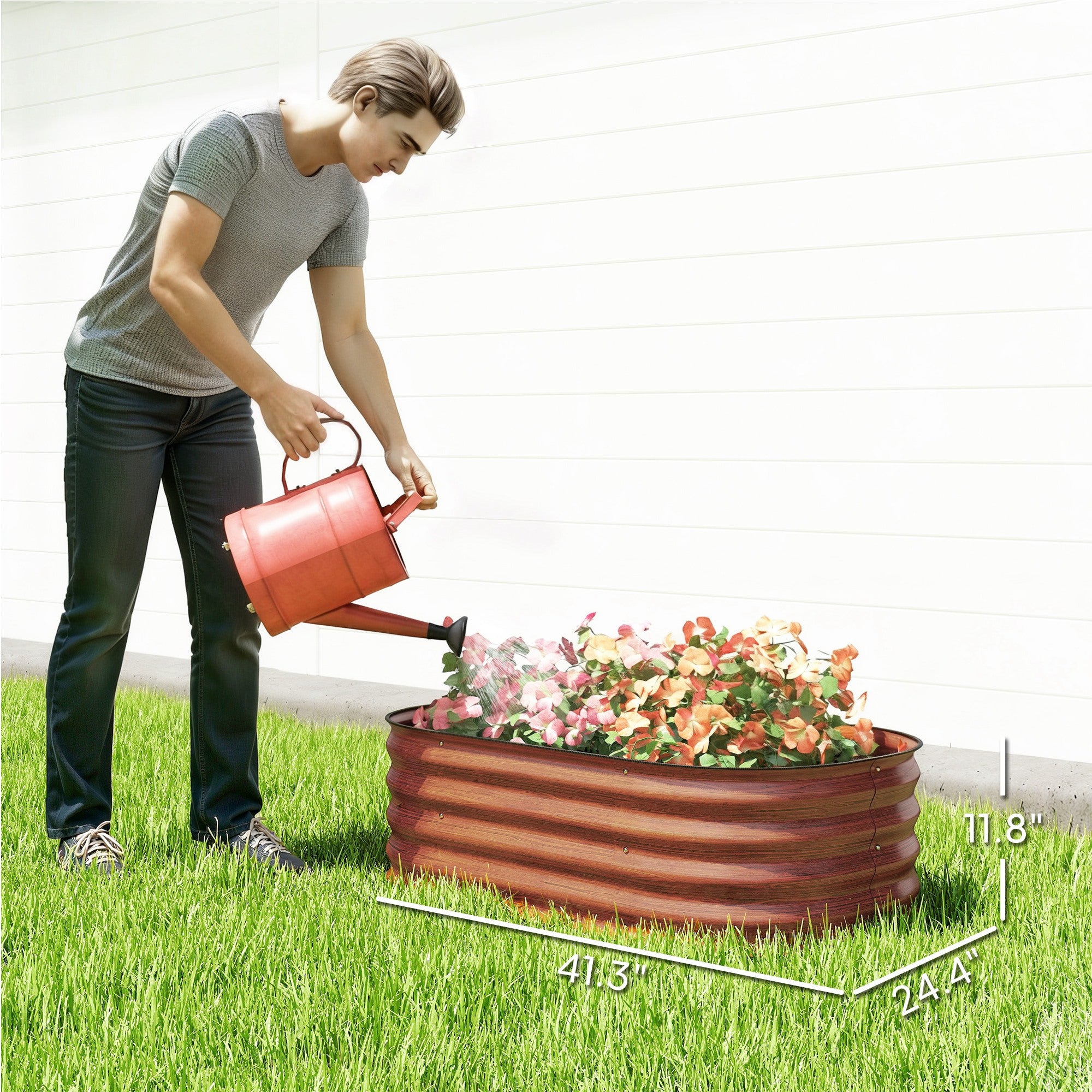 3.4' x 2' x 1' Galvanized Raised Garden Bed Kit, Metal Planter Box with Safety Edging, Brown