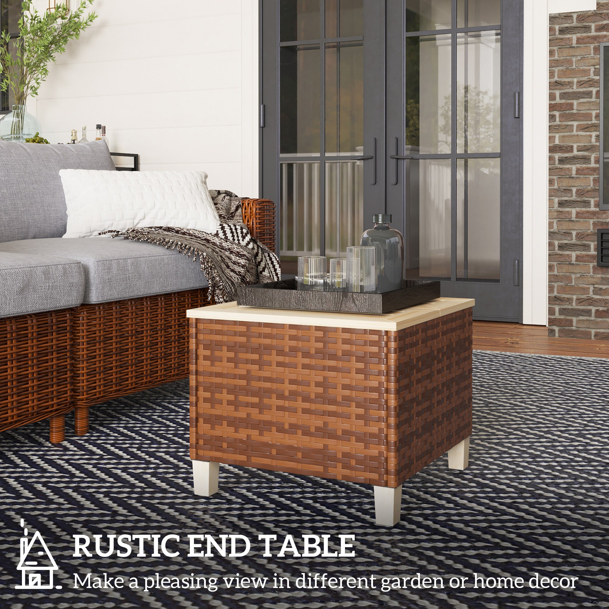 Outdoor Side Table with PE Rattan, Patio End Table with Natural Fir Wood Tabletop and Legs, Weather Resistant Accent Table for Patio Pool Porch, Brown