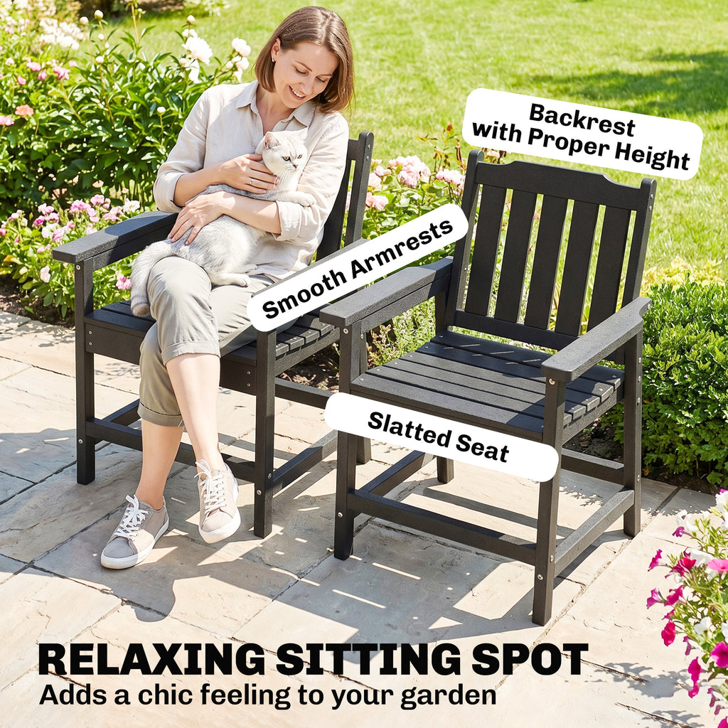 2 Piece All-Weather Patio Chairs, HDPE Patio Dining Chair Set, Heavy Duty Wood-Like Outdoor Furniture, Gray