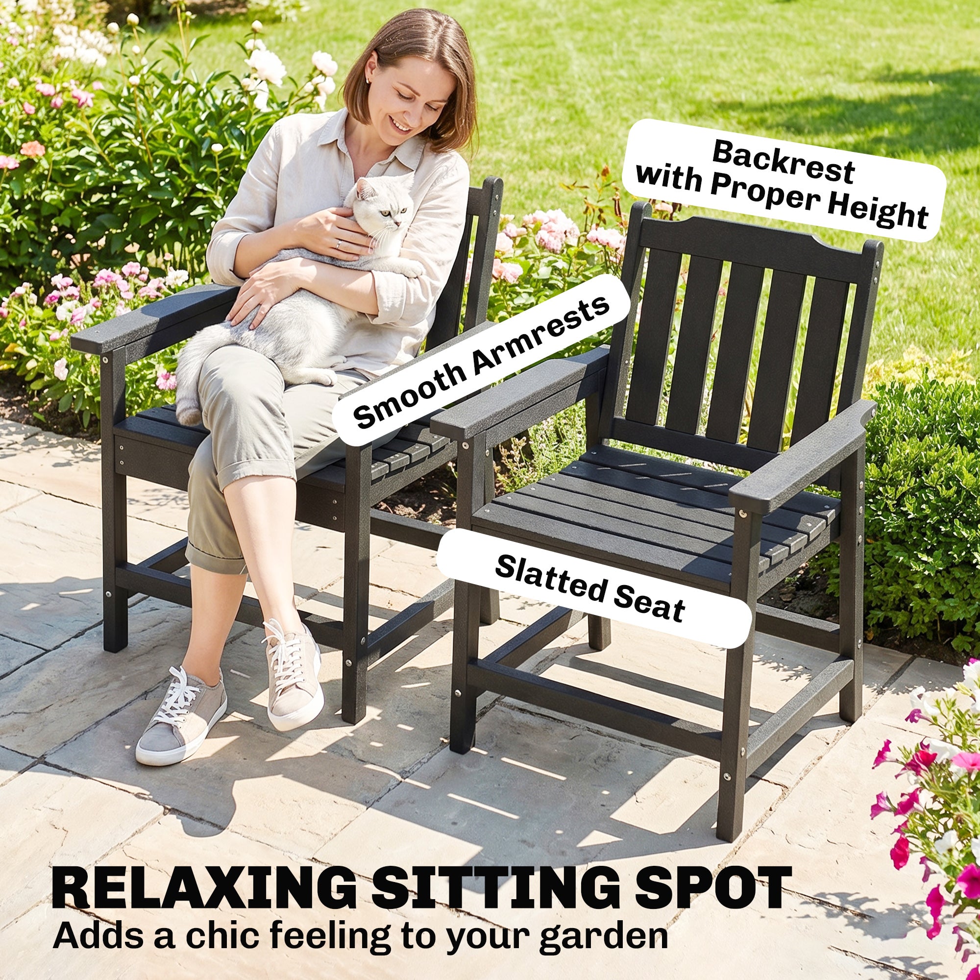 2 Piece All-Weather Patio Chairs, HDPE Patio Dining Chair Set, Heavy Duty Wood-Like Outdoor Furniture, Gray